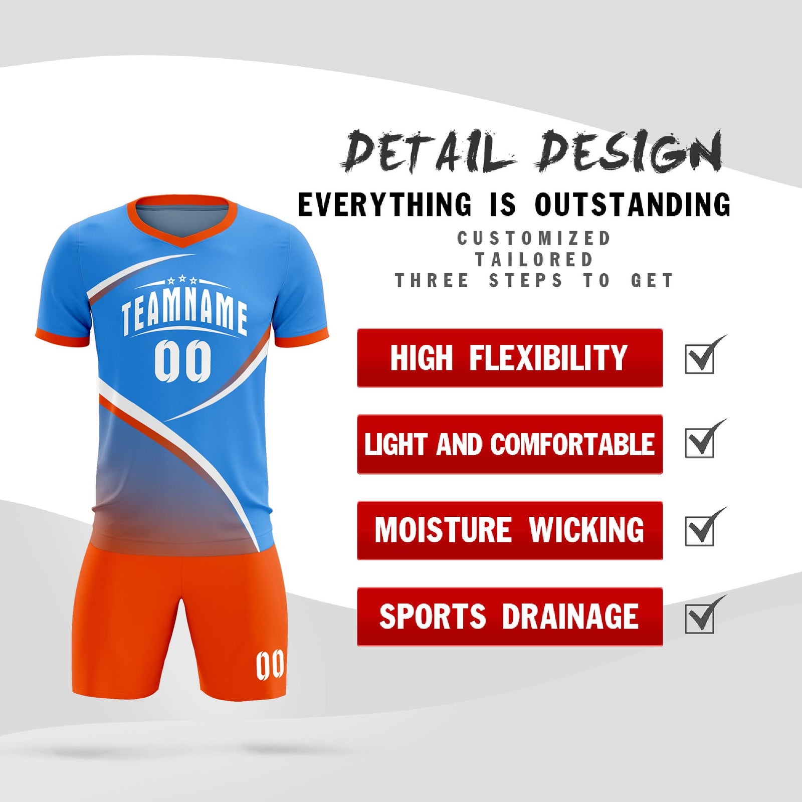 Custom Powder Blue Orange Color Block Training Uniform For Men Soccer Sets Jersey