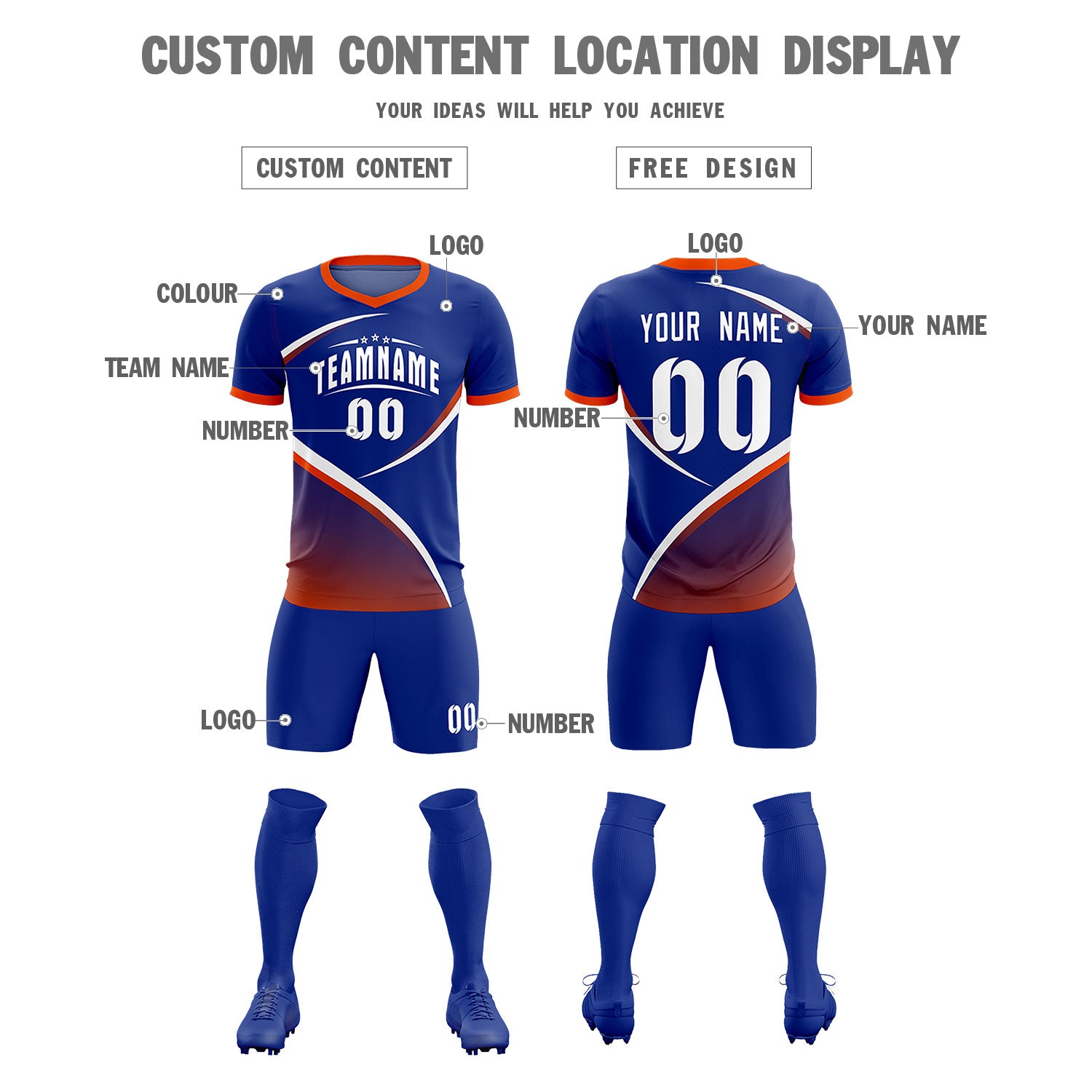 Custom Royal Orange Color Block Training Uniform For Men Soccer Sets Jersey