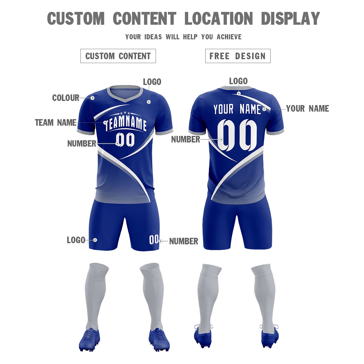 Custom Royal Gray Color Block Training Uniform For Men Soccer Sets Jersey