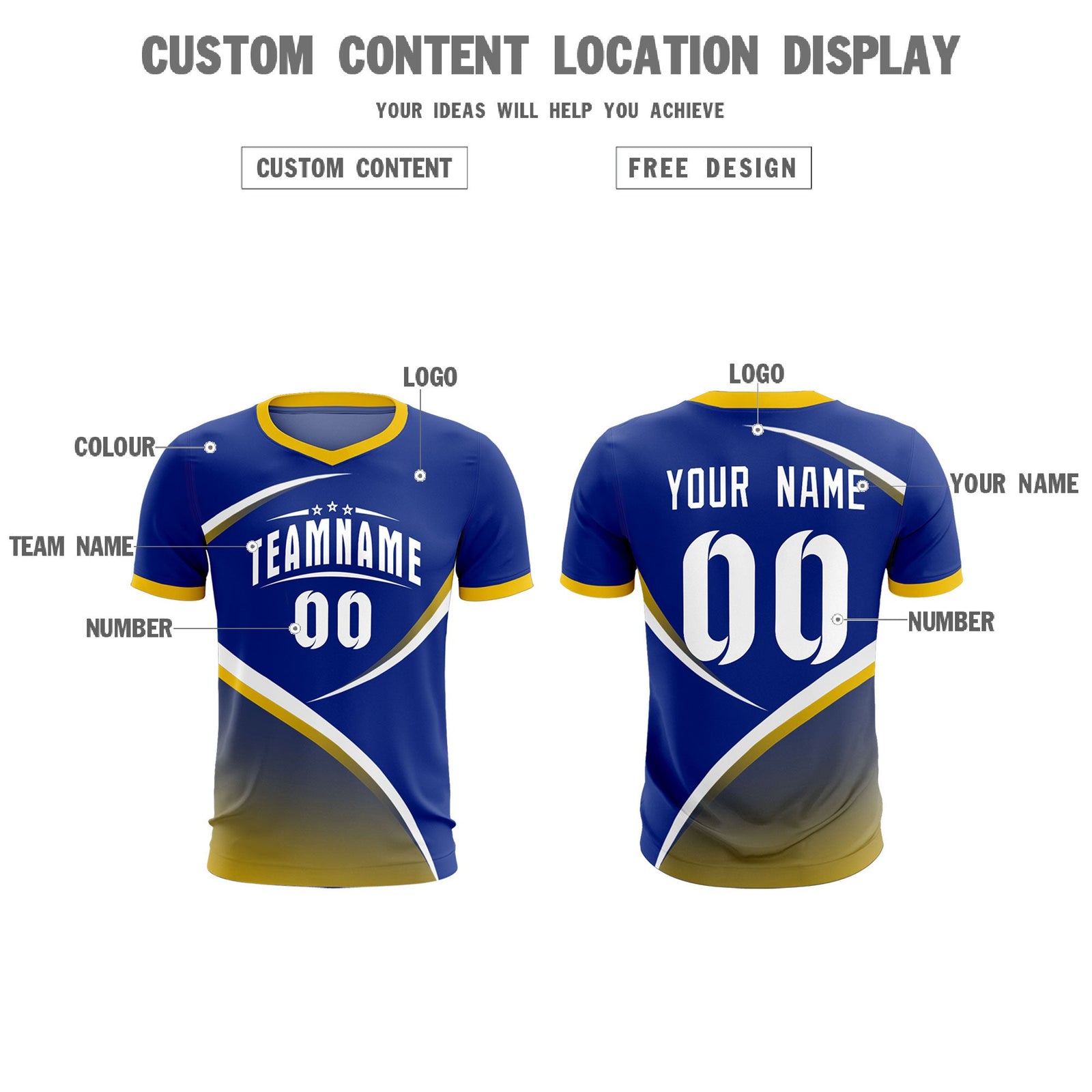 Custom Royal Gold Color Block Training Uniform For Men Soccer Sets Jersey