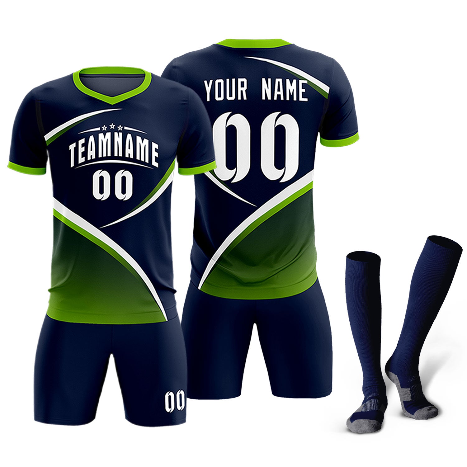 Custom Navy Neon Green Color Block Training Uniform For Men Soccer Sets Jersey