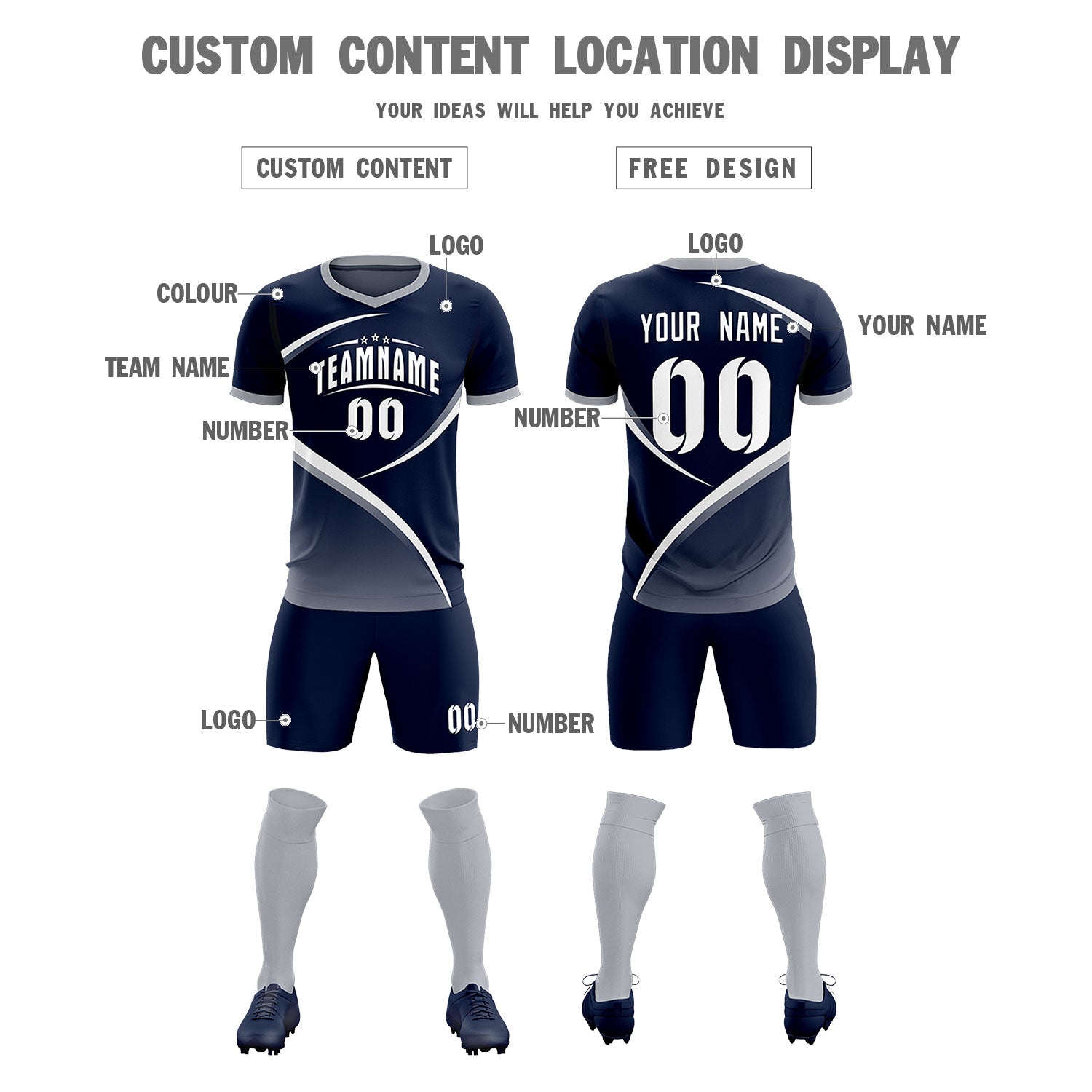 Custom Navy Gray Color Block Training Uniform For Men Soccer Sets Jersey