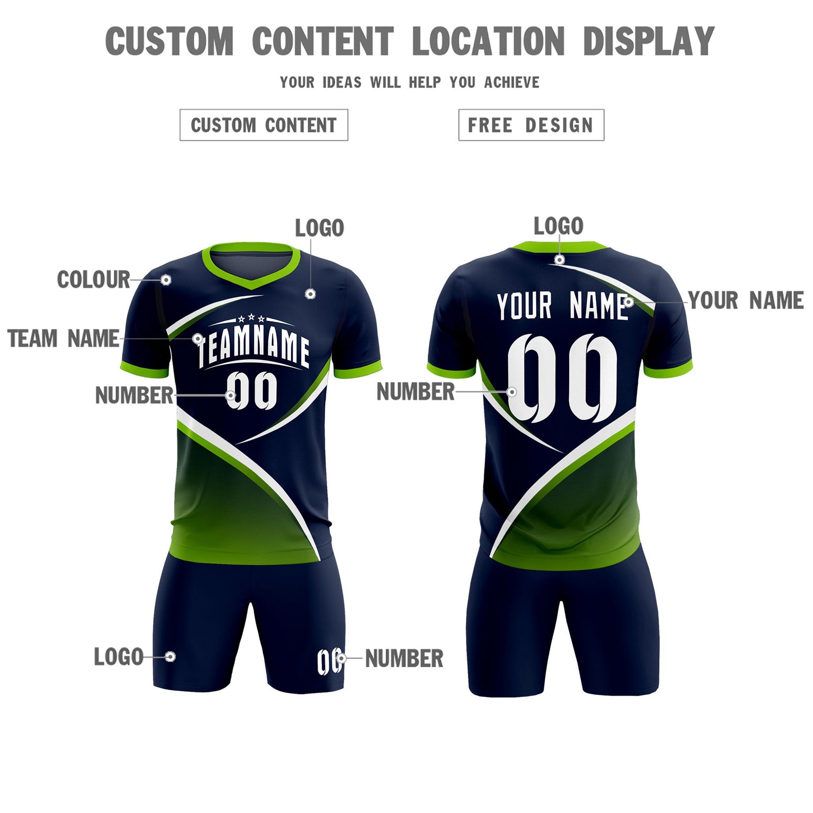 Custom Navy Neon Green Color Block Training Uniform For Men Soccer Sets Jersey