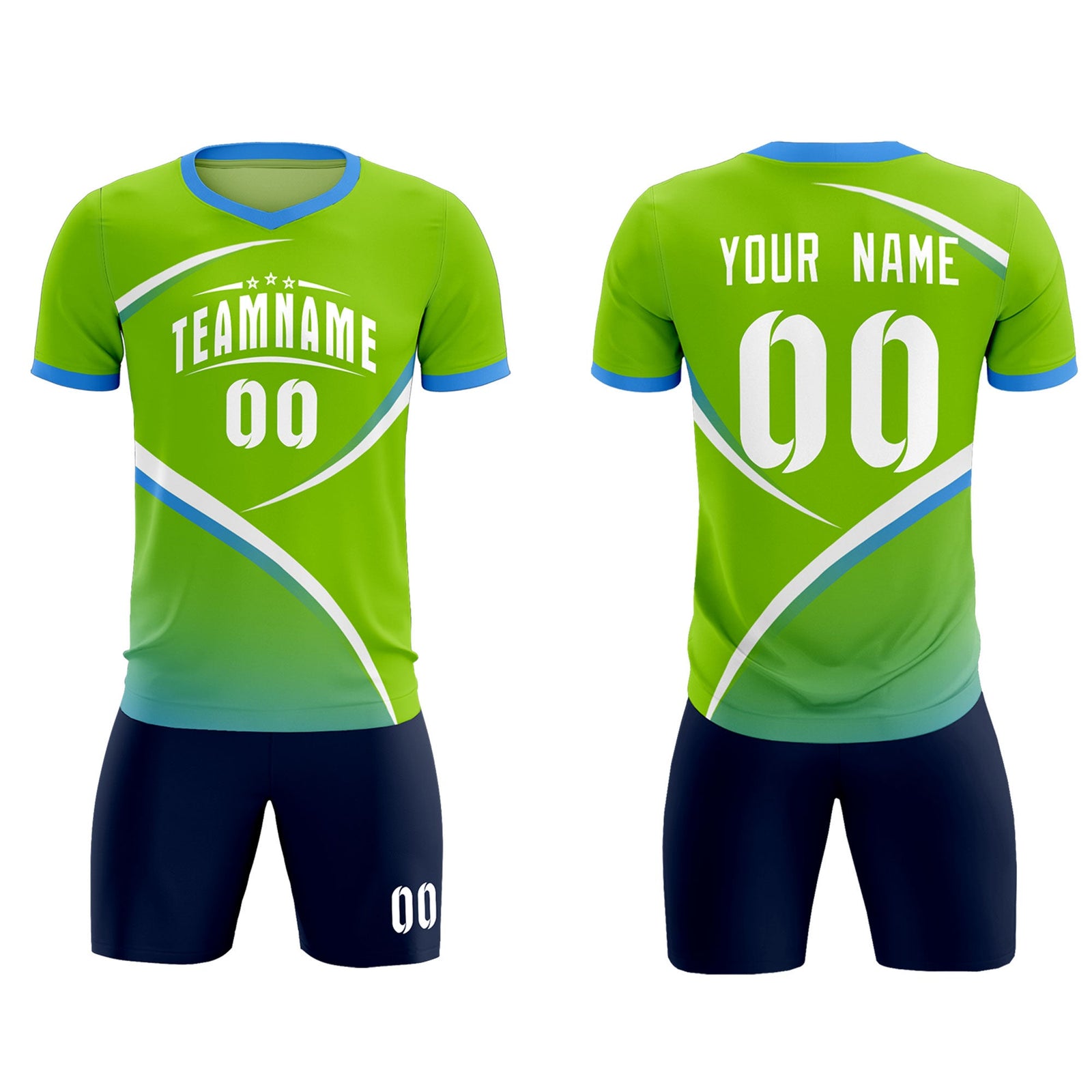 Custom Neon Green Powder Blue Color Block Training Uniform For Men Soccer Sets Jersey