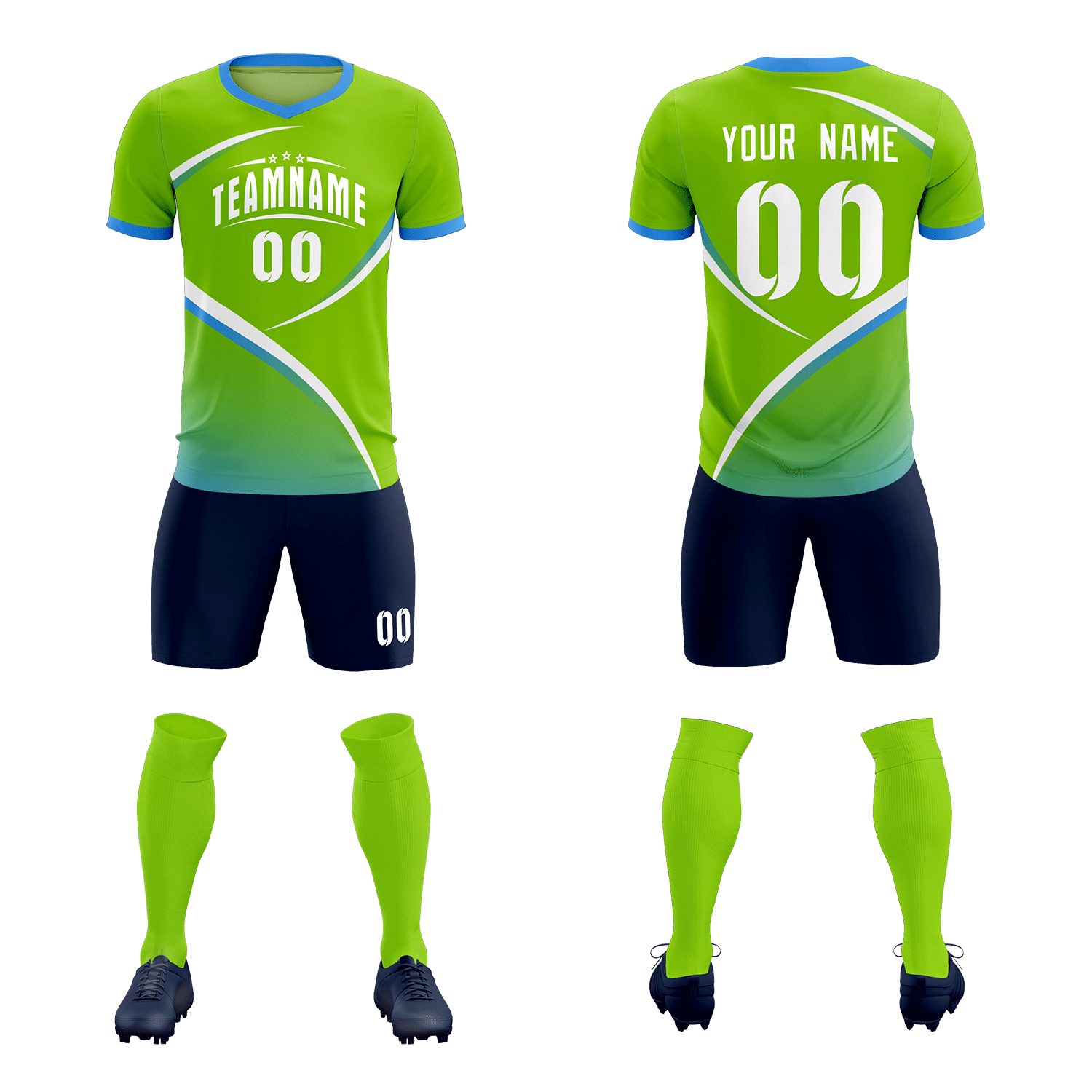 Custom Neon Green Powder Blue Color Block Training Uniform For Men Soccer Sets Jersey