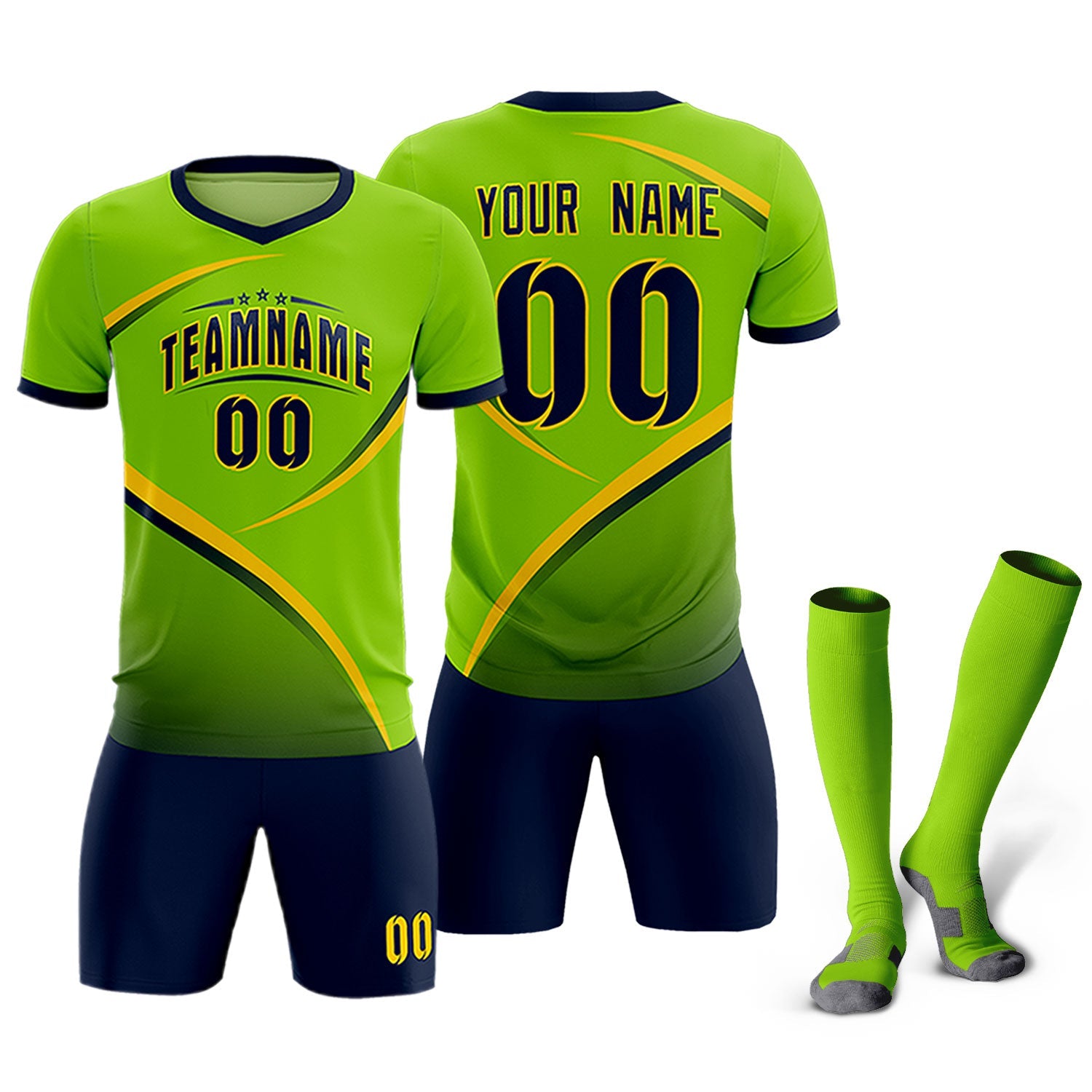 Custom Neon Green Navy Color Block Training Uniform For Men Soccer Sets Jersey