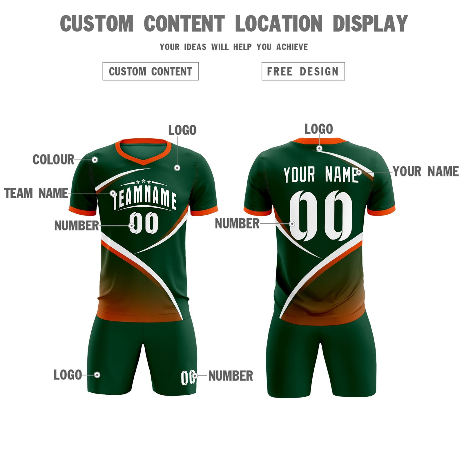 Custom Green Orange Color Block Training Uniform For Men Soccer Sets Jersey