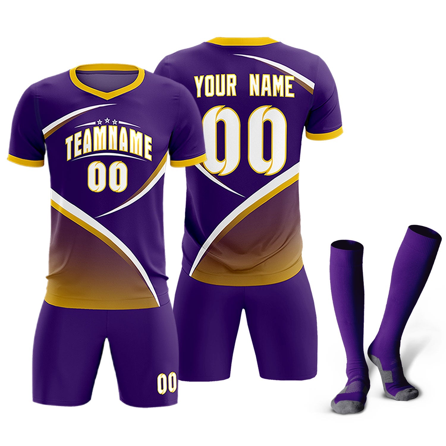 Custom Purple Gold Color Block Training Uniform For Men Soccer Sets Jersey