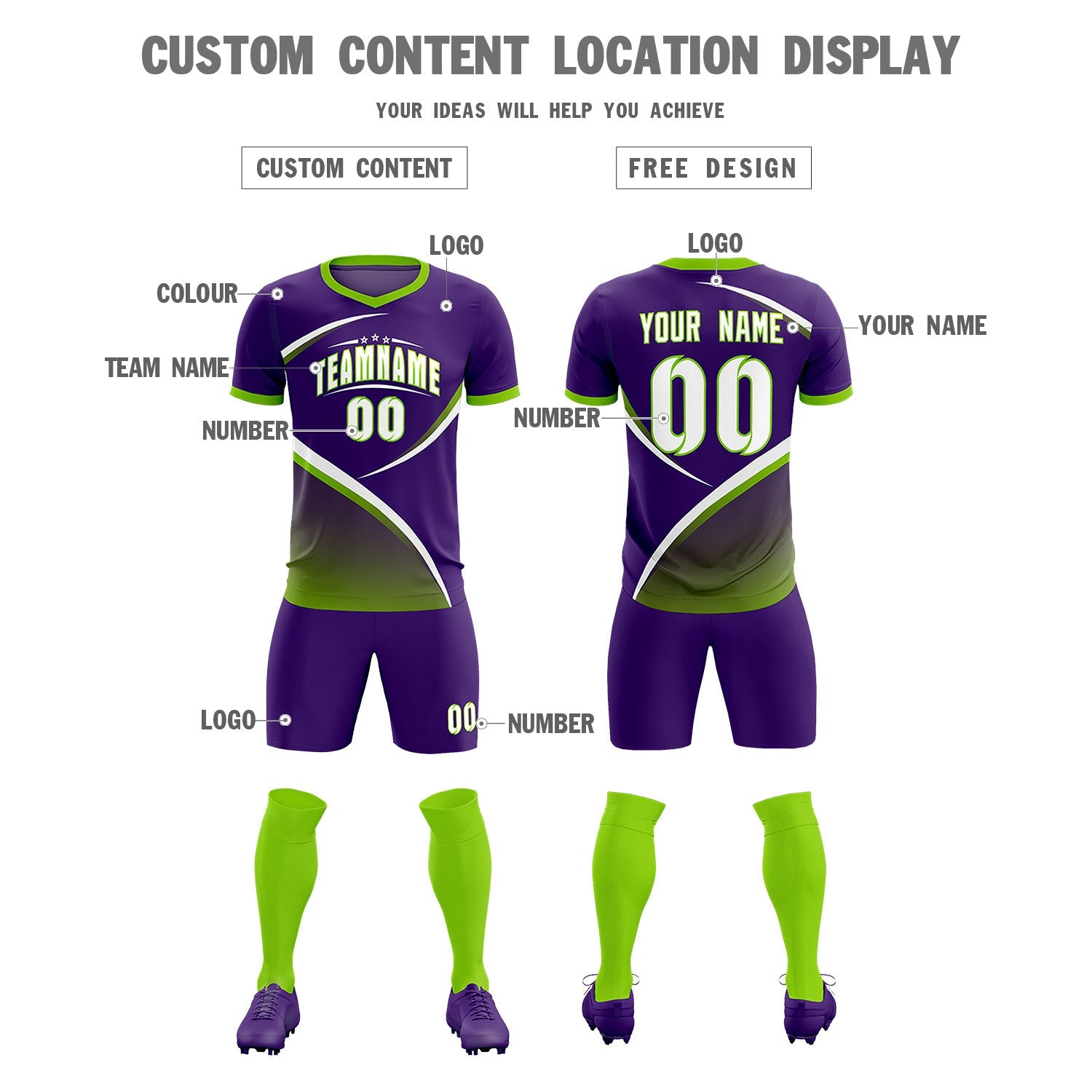 Custom Purple Neon Green Color Block Training Uniform For Men Soccer Sets Jersey