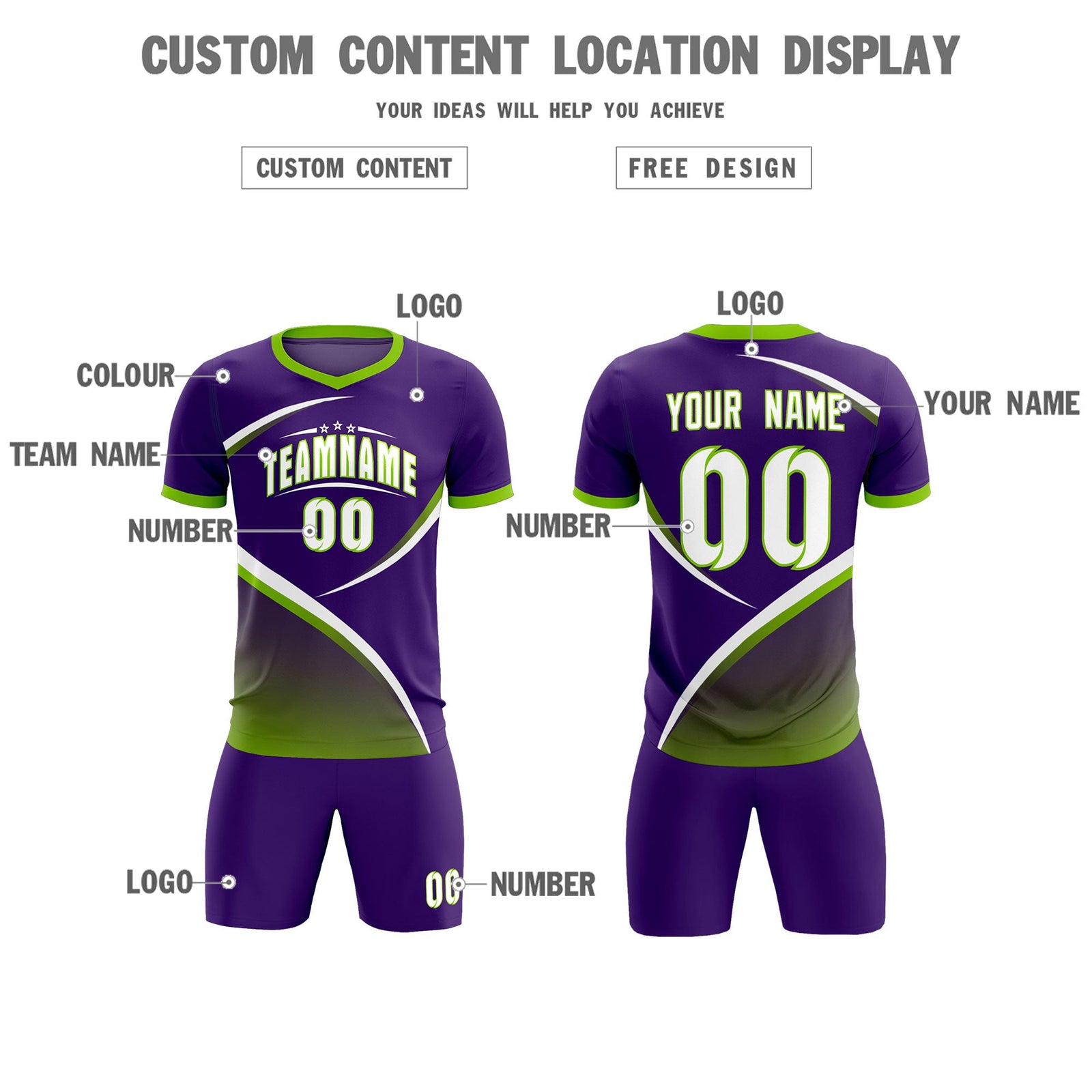 Custom Purple Neon Green Color Block Training Uniform For Men Soccer Sets Jersey