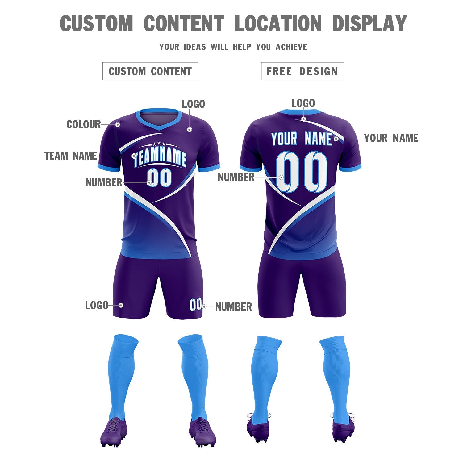 Custom Purple Powder Blue Color Block Training Uniform For Men Soccer Sets Jersey