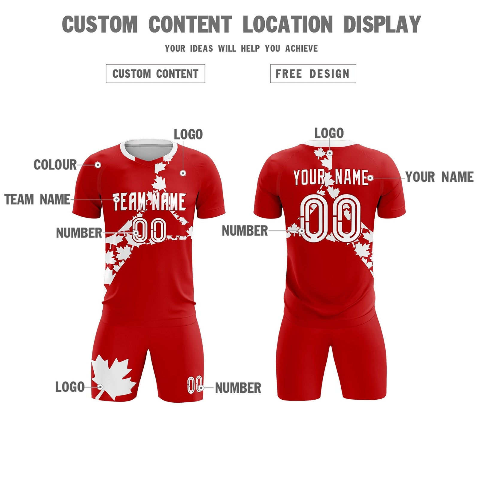 Custom Red White Canada Maple Leaves World Cup Inspired Breathable Graffiti Pattern Soccer Sets Jersey
