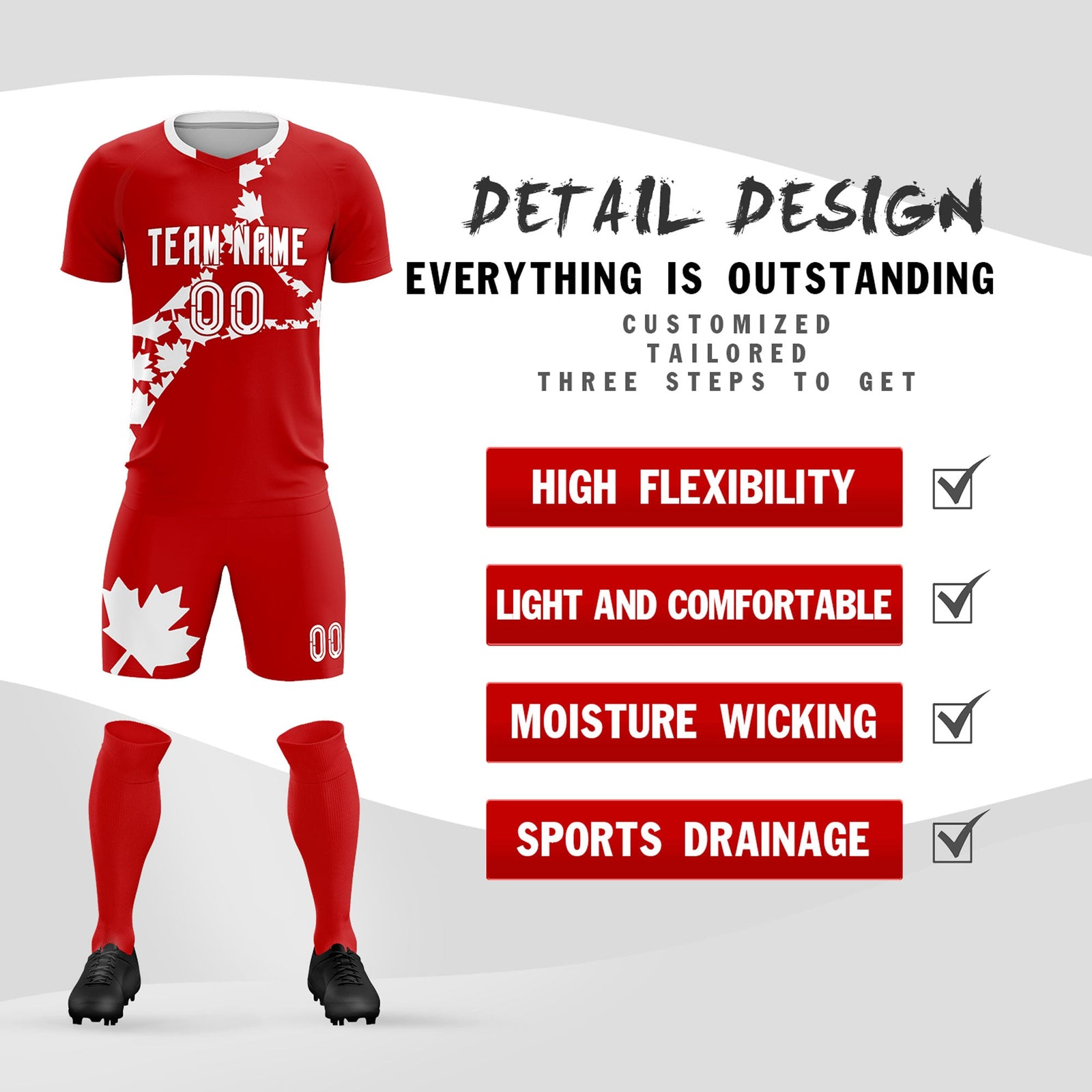 Custom Red White Canada Maple Leaves World Cup Inspired Breathable Graffiti Pattern Soccer Sets Jersey
