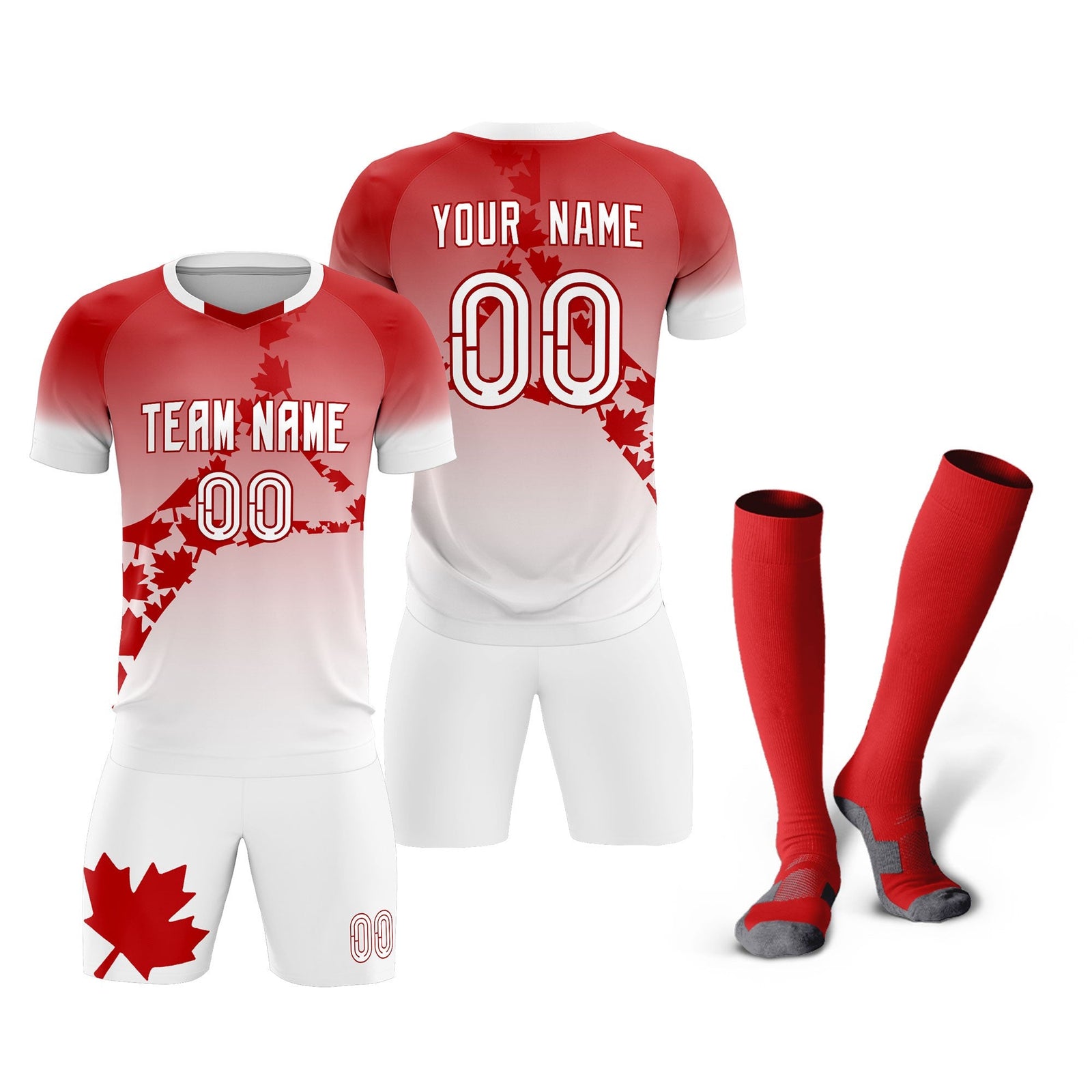 Custom Red White Canada Maple Leaves World Cup Inspired Lightweight Gradient Fashion Soccer Sets Jersey