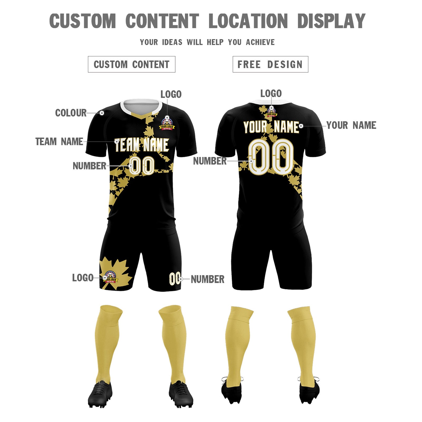 Custom Black Old Gold Canada Maple Leaves World Cup Inspired Breathable Graffiti Pattern Soccer Sets Jersey