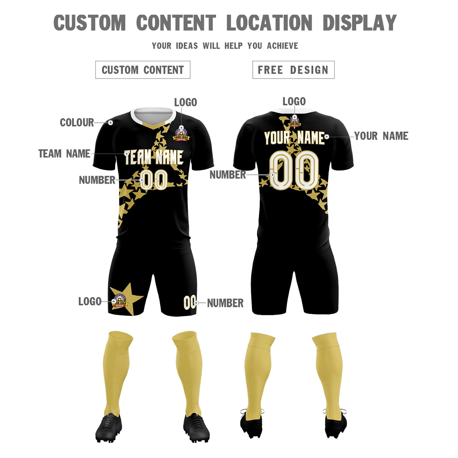 Custom Black Old Gold America Star World Cup Inspired Lightweight Graffiti Pattern Soccer Sets Jersey