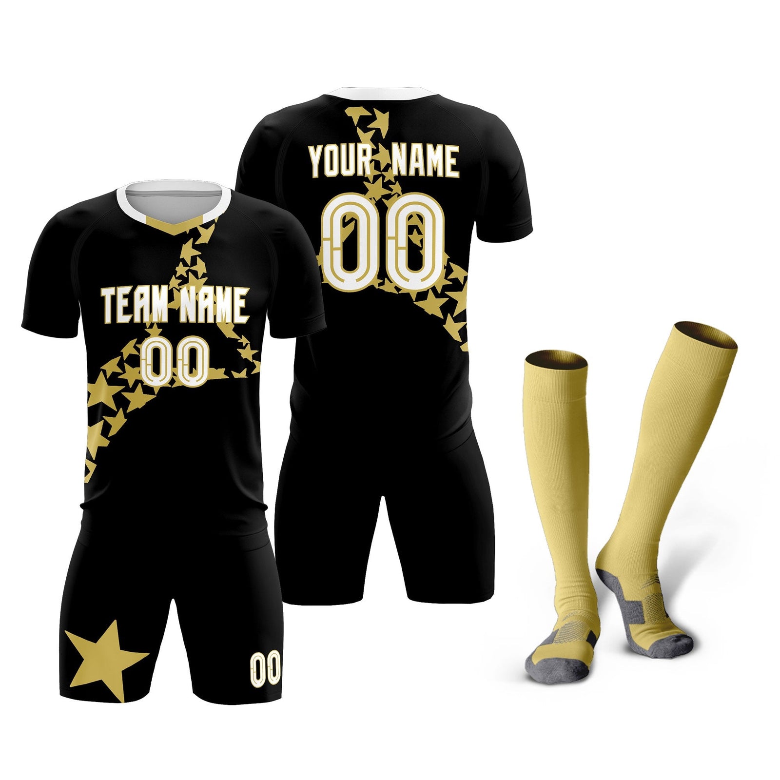 Custom Black Old Gold America Star World Cup Inspired Lightweight Graffiti Pattern Soccer Sets Jersey