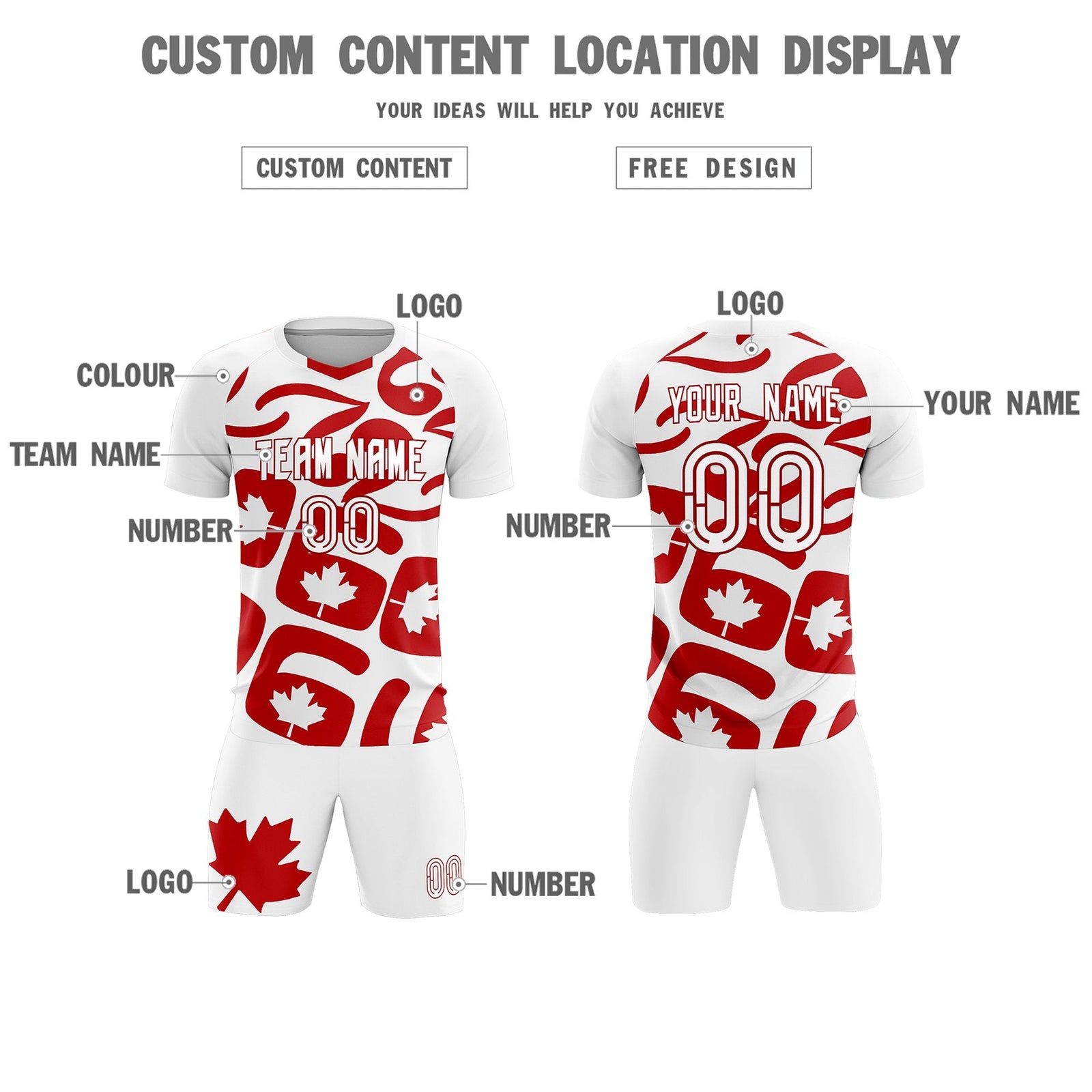 Custom White Canada Maple Leaves World Cup Inspired Drapable Graffiti Pattern Soccer Sets Jersey