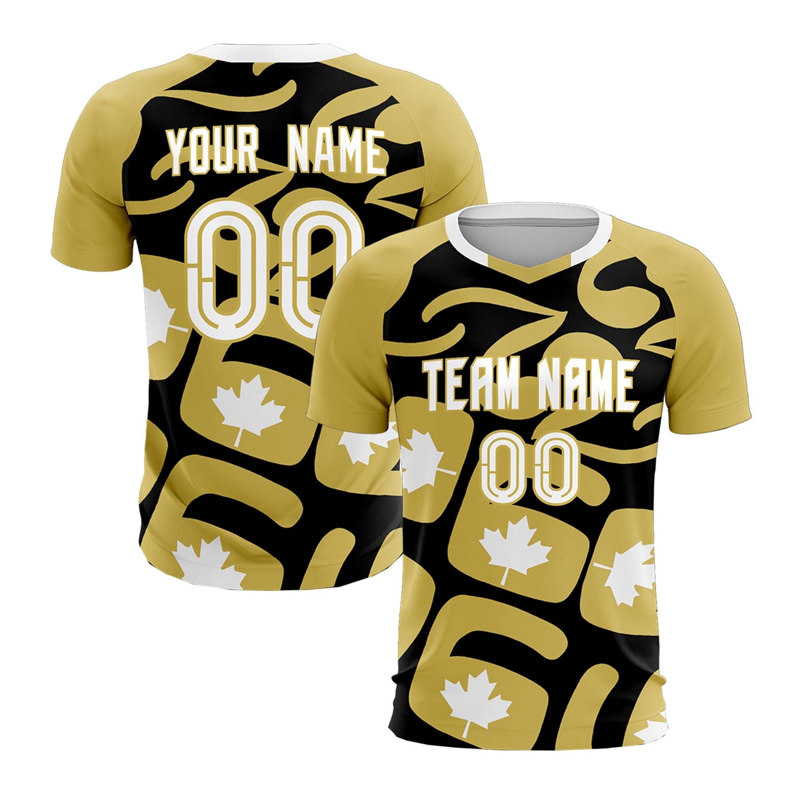 Custom Old Gold Black Canada Maple Leaves World Cup Inspired Drapable Graffiti Pattern Soccer Sets Jersey