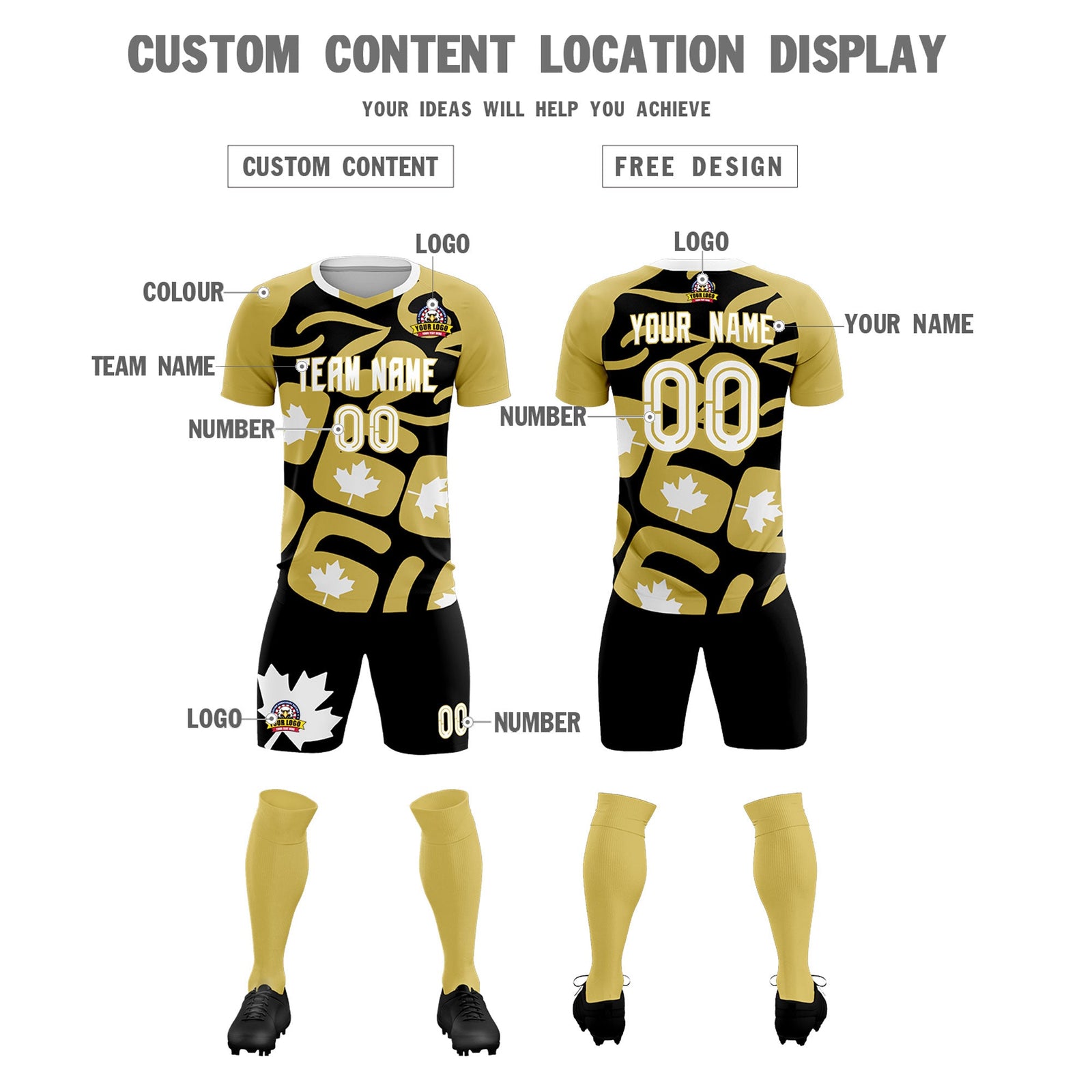 Custom Old Gold Black Canada Maple Leaves World Cup Inspired Drapable Graffiti Pattern Soccer Sets Jersey