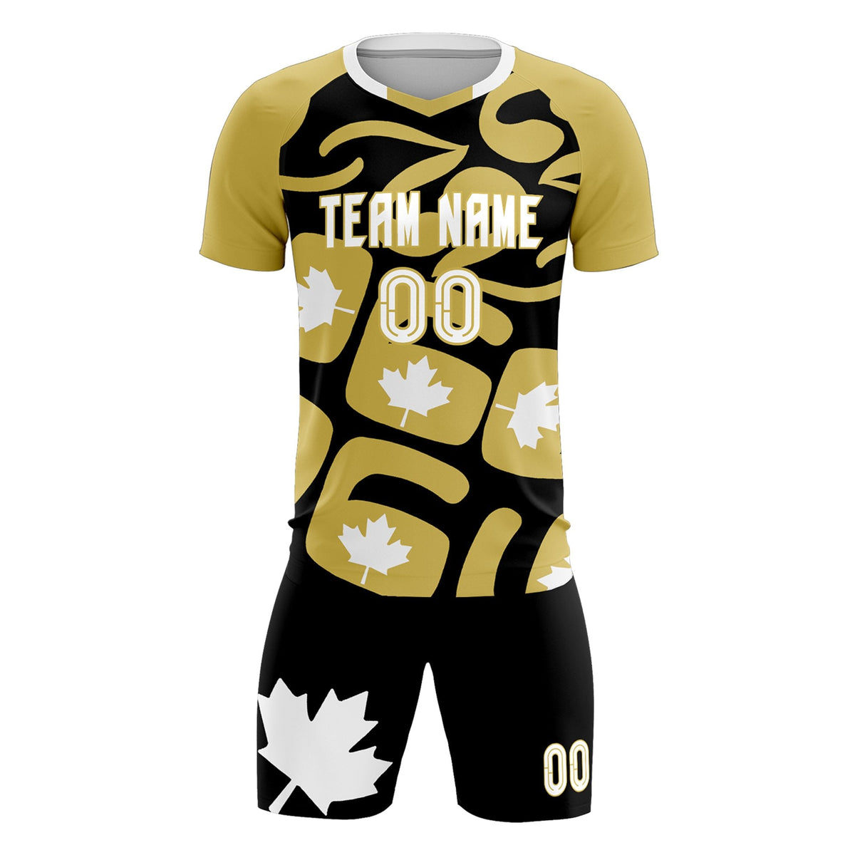 Custom Old Gold Black Canada Maple Leaves World Cup Inspired Drapable Graffiti Pattern Soccer Sets Jersey