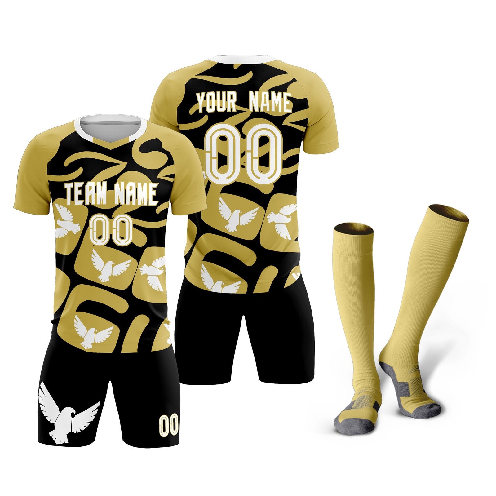 Custom Old Gold Black Mexico Eagle World Cup Inspired Quick-Drying Graffiti Pattern Soccer Sets Jersey