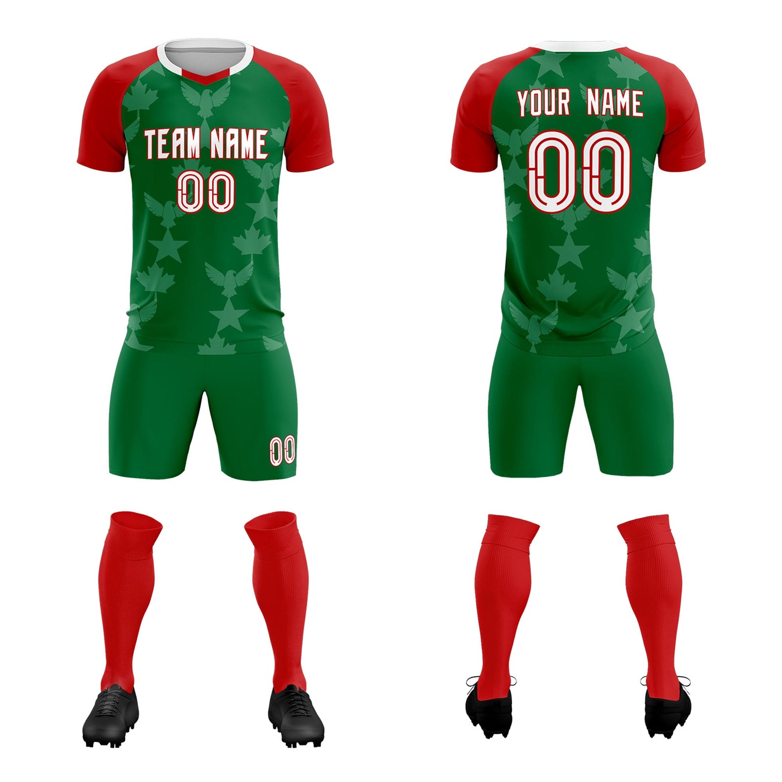 Custom Red Kelly Green World Cup Inspired Lightweight&Drapable Training Uniform Raglan Sleeve Soccer Sets Jersey