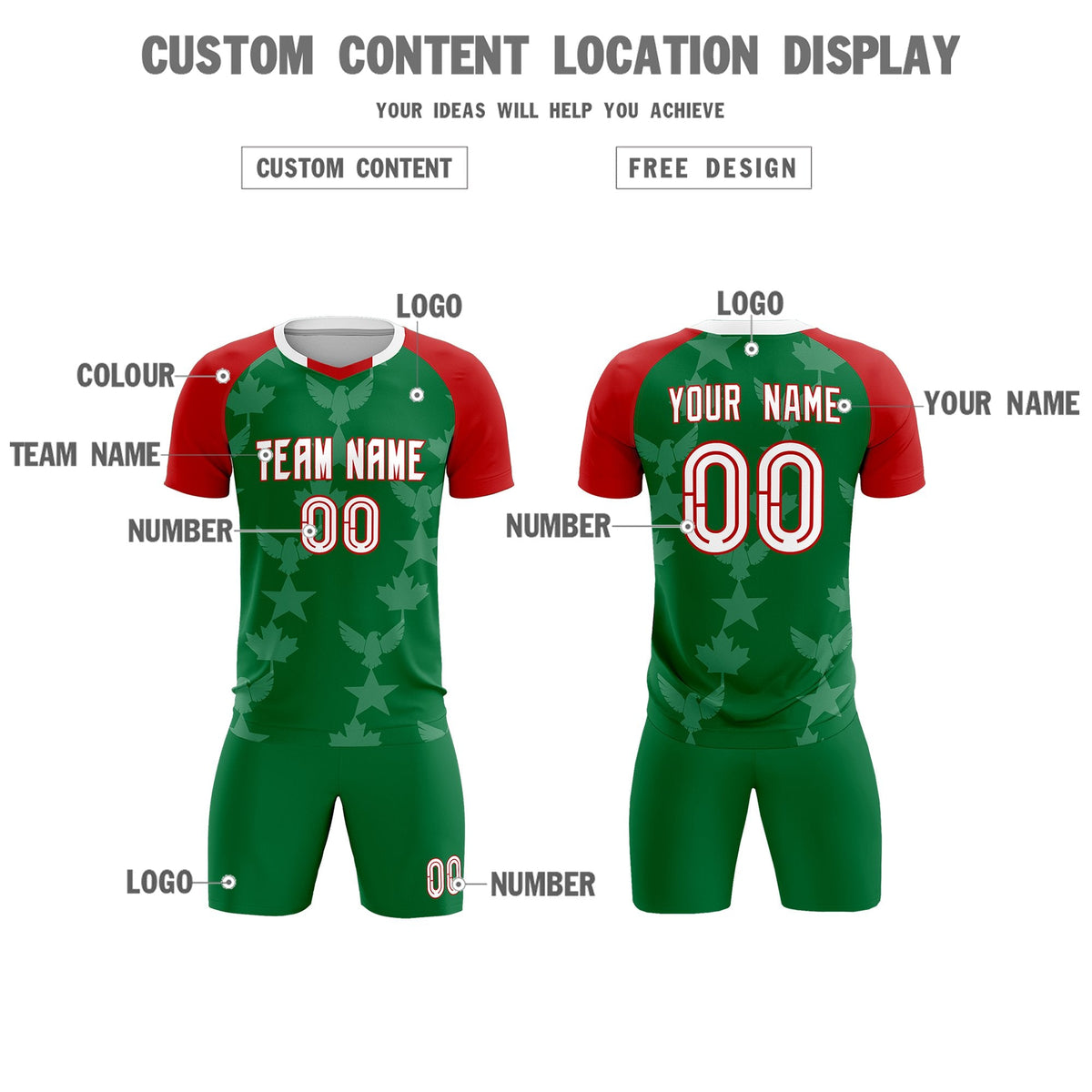 Custom Red Kelly Green World Cup Inspired Lightweight&amp;Drapable Training Uniform Raglan Sleeve Soccer Sets Jersey