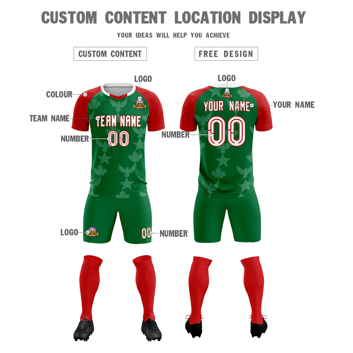 Custom Red Kelly Green World Cup Inspired Lightweight&amp;Drapable Training Uniform Raglan Sleeve Soccer Sets Jersey