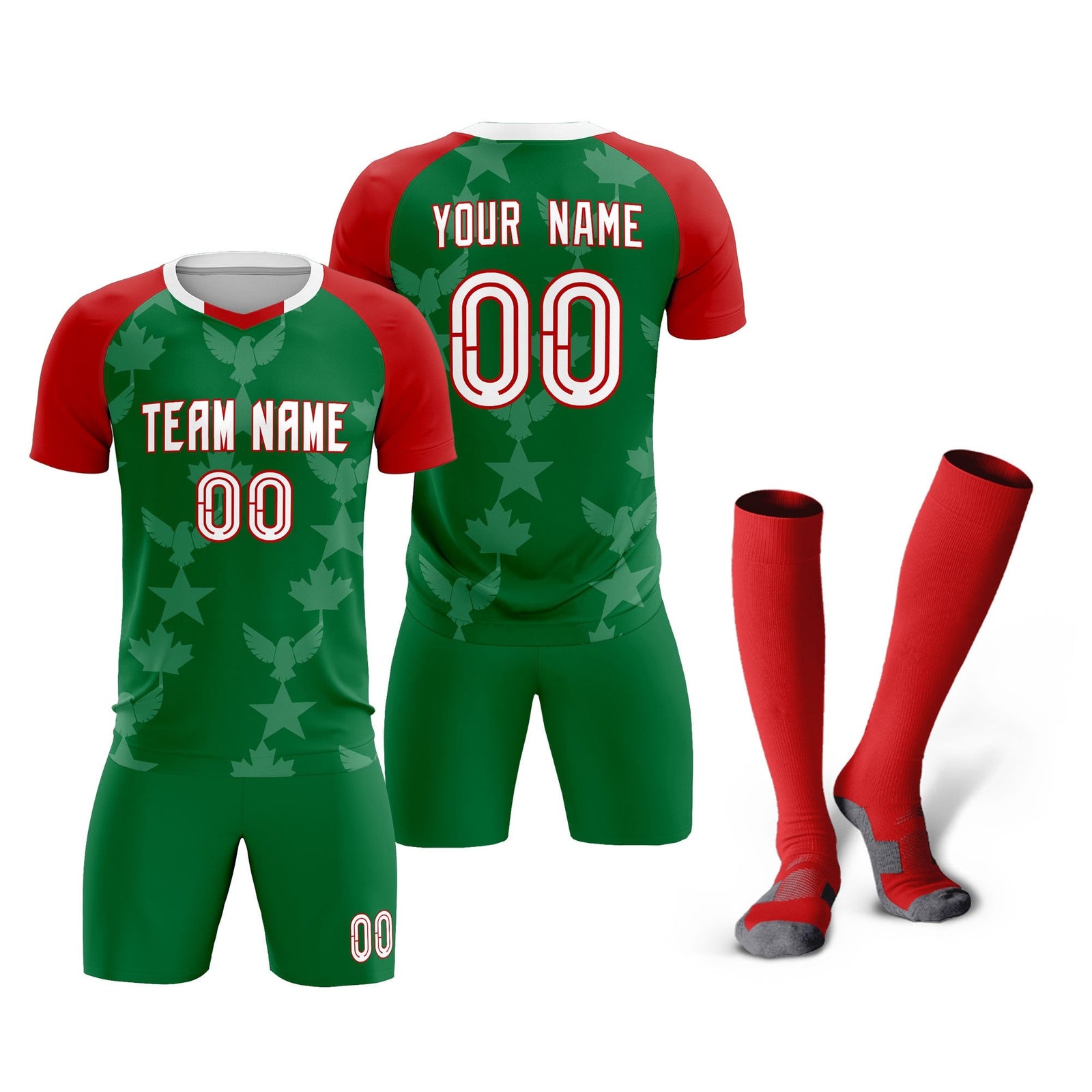 Custom Red Kelly Green World Cup Inspired Lightweight&Drapable Training Uniform Raglan Sleeve Soccer Sets Jersey