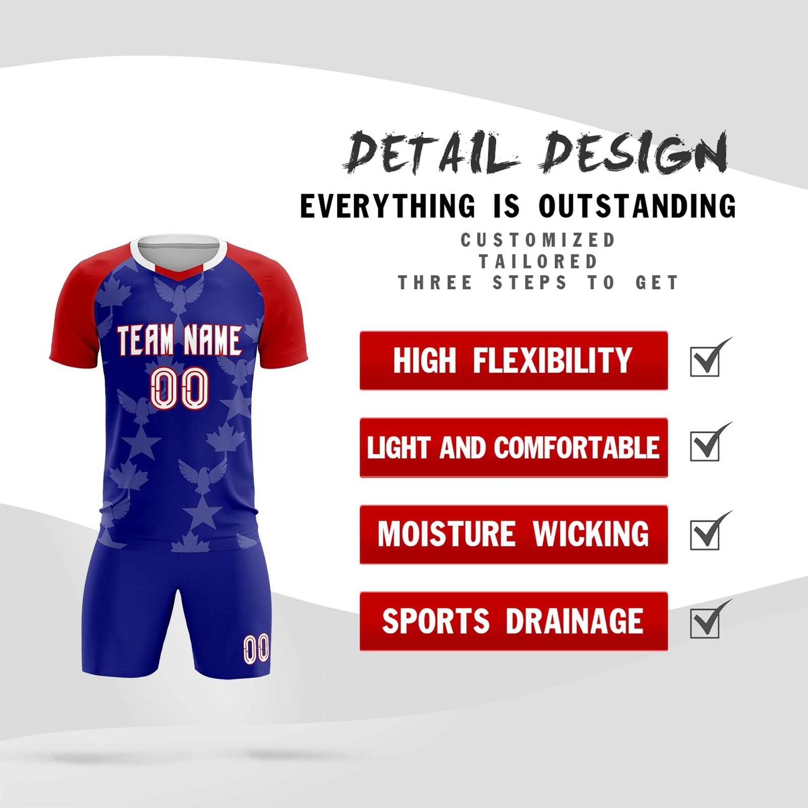 Custom Red Royal World Cup Inspired Wrinkle-Resistant Training Uniform Raglan Sleeve Soccer Sets Jersey
