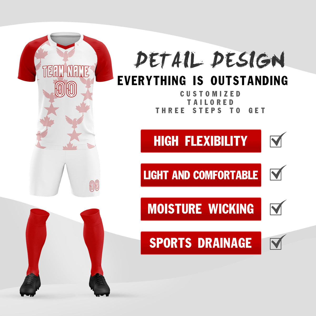 Custom Red White World Cup Inspired Breathable&amp;Quick-Drying Training Uniform Raglan Sleeve Soccer Sets Jersey