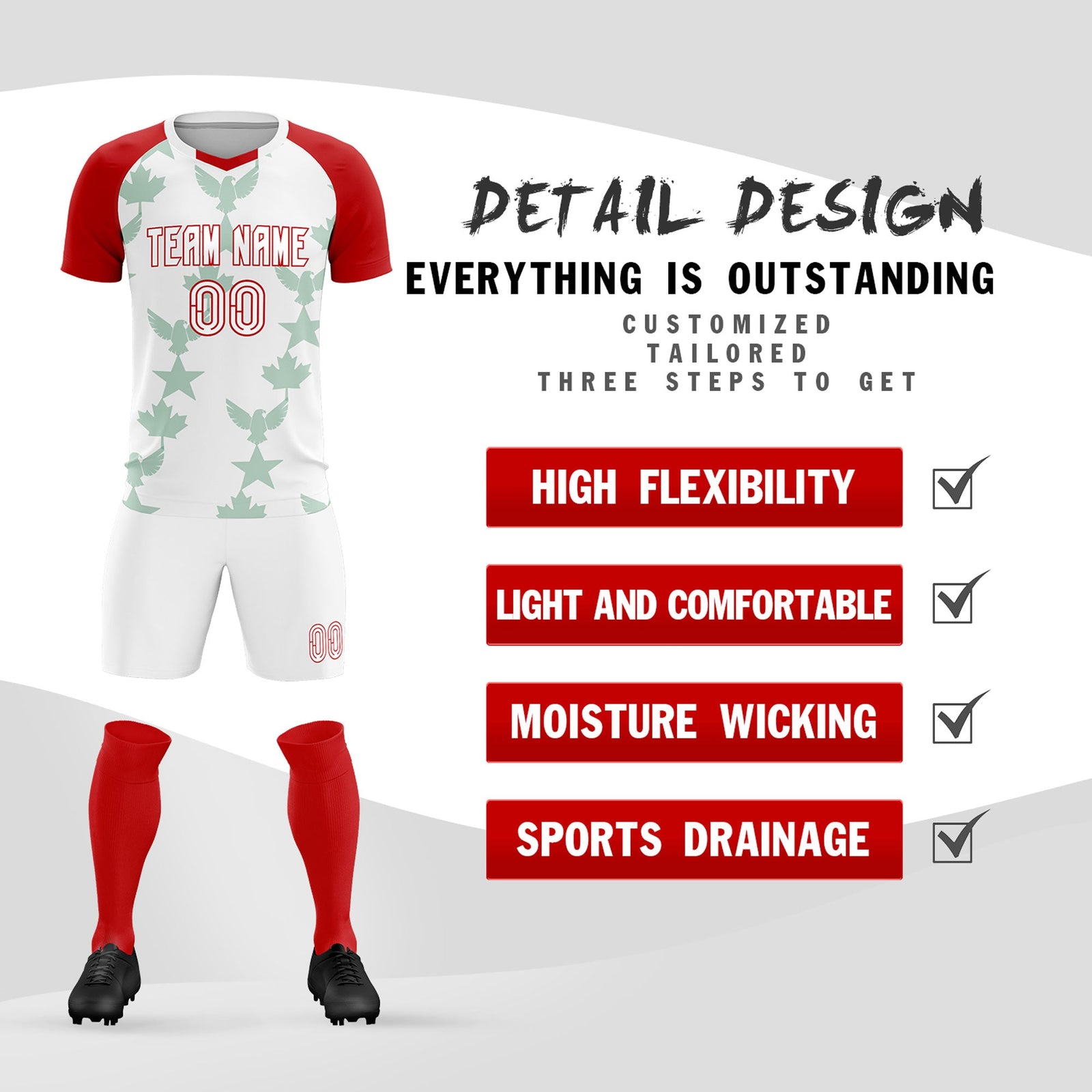 Custom Red White World Cup Inspired Lightweight&Drapable Training Uniform Raglan Sleeve Soccer Sets Jersey