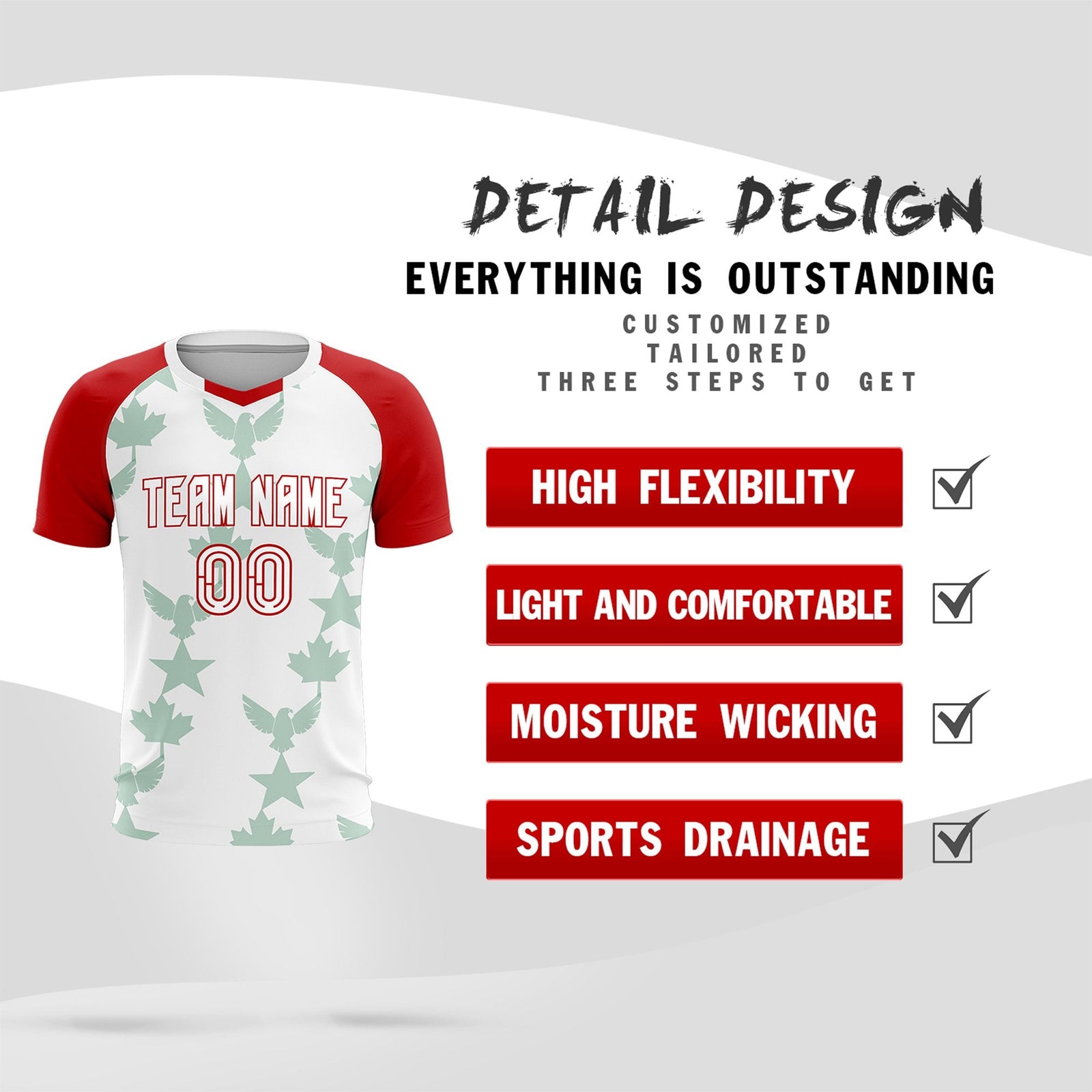 Custom Red White World Cup Inspired Lightweight&Drapable Training Uniform Raglan Sleeve Soccer Sets Jersey