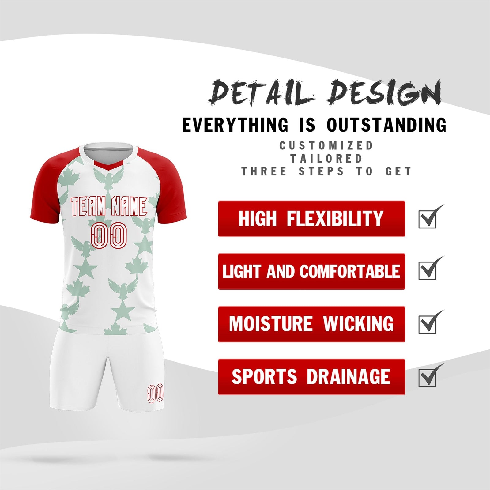 Custom Red White World Cup Inspired Lightweight&Drapable Training Uniform Raglan Sleeve Soccer Sets Jersey