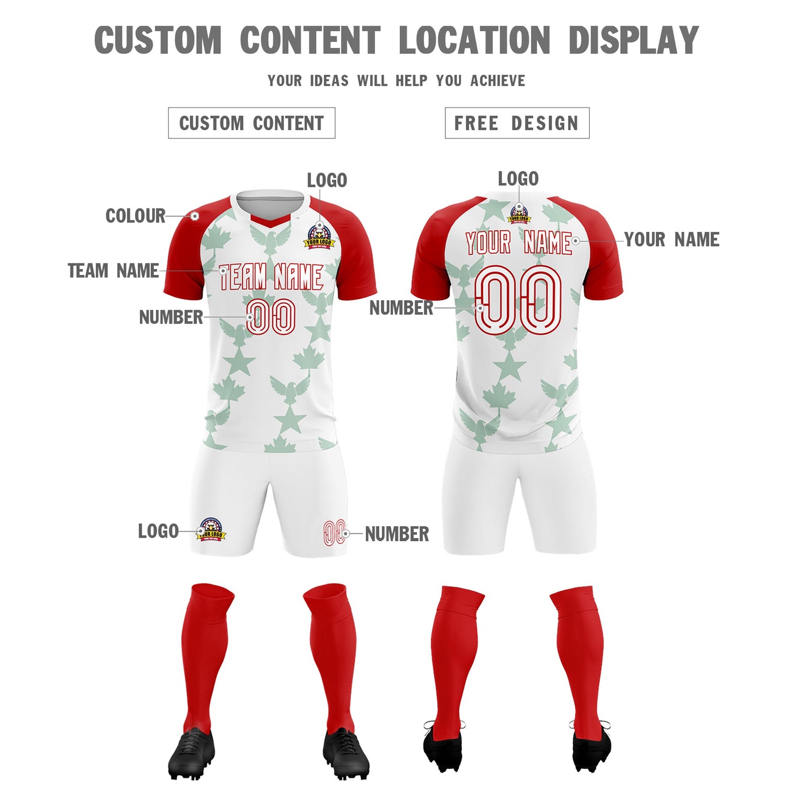 Custom Red White World Cup Inspired Lightweight&Drapable Training Uniform Raglan Sleeve Soccer Sets Jersey
