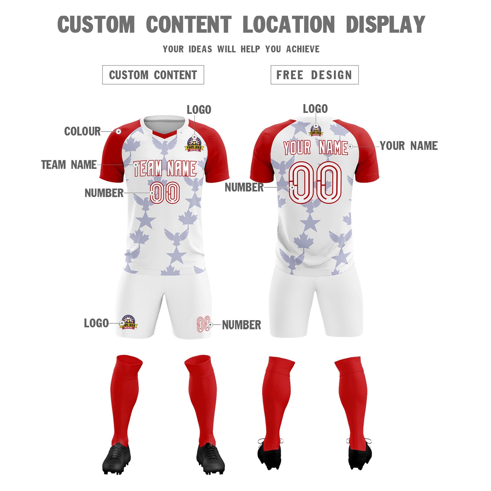 Custom Red White World Cup Inspired Wrinkle-Resistant Training Uniform Raglan Sleeve Soccer Sets Jersey