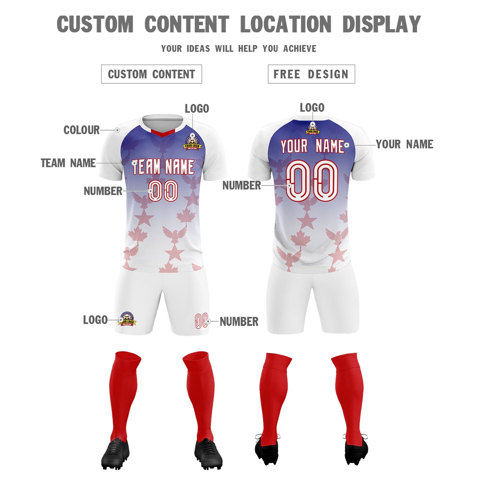 Custom White Royal World Cup Inspired Lightweight&Drapable Training Uniform Gradient Fashion Soccer Sets Jersey