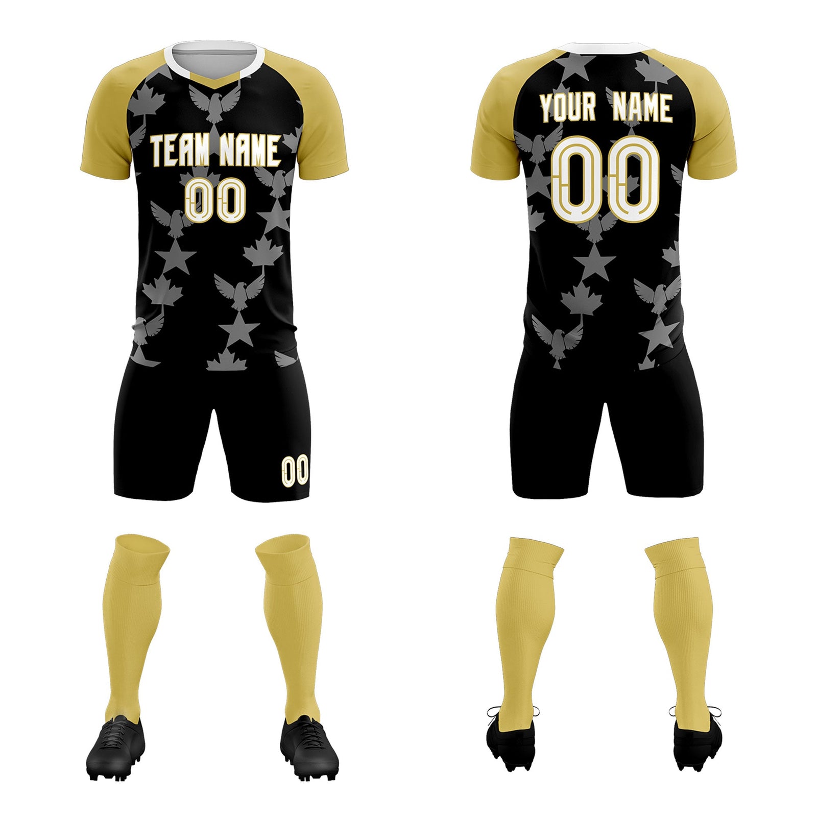 Custom Old Gold Black World Cup Inspired Breathable&Quick-Drying Training Uniform Raglan Sleeve Soccer Sets Jersey