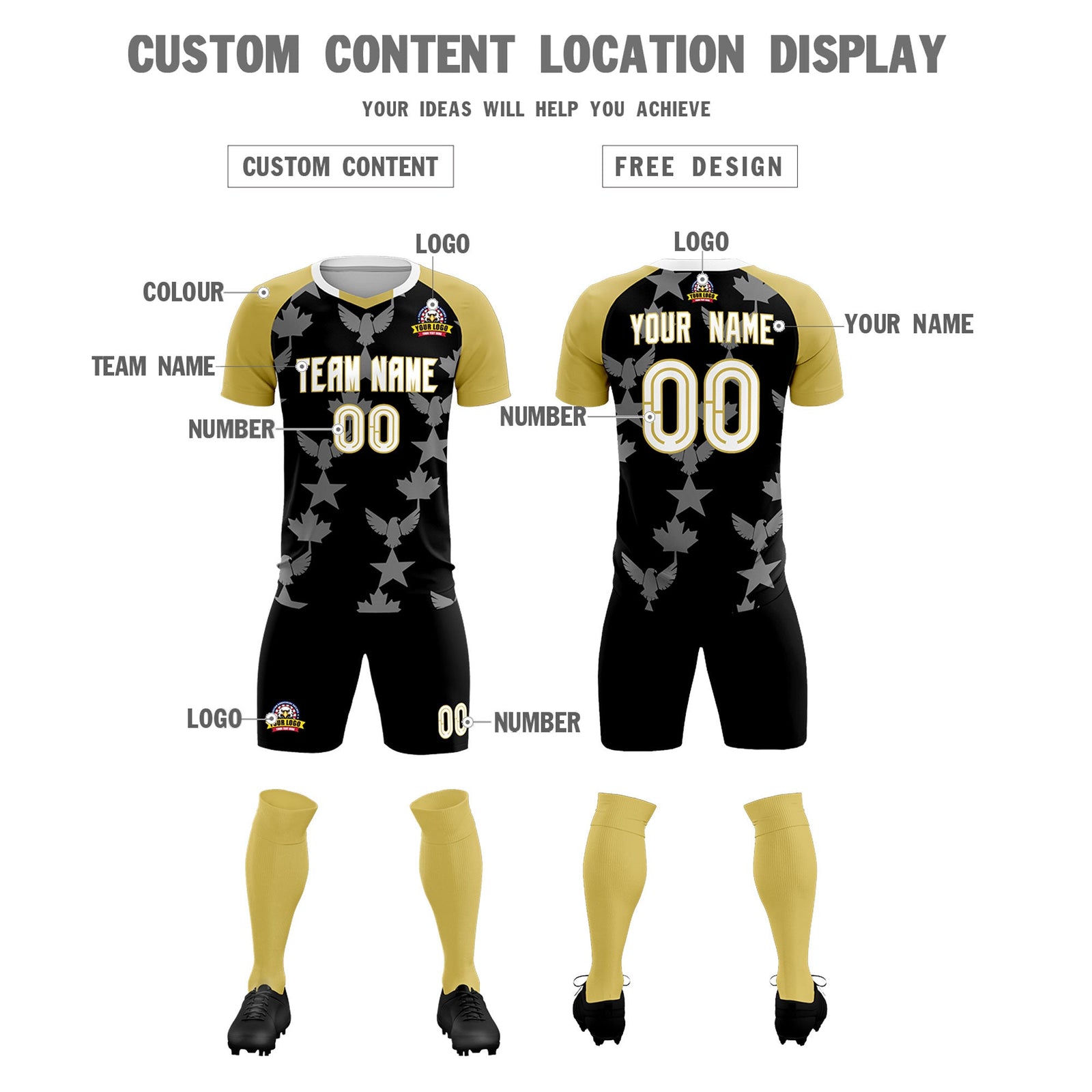 Custom Old Gold Black World Cup Inspired Breathable&Quick-Drying Training Uniform Raglan Sleeve Soccer Sets Jersey