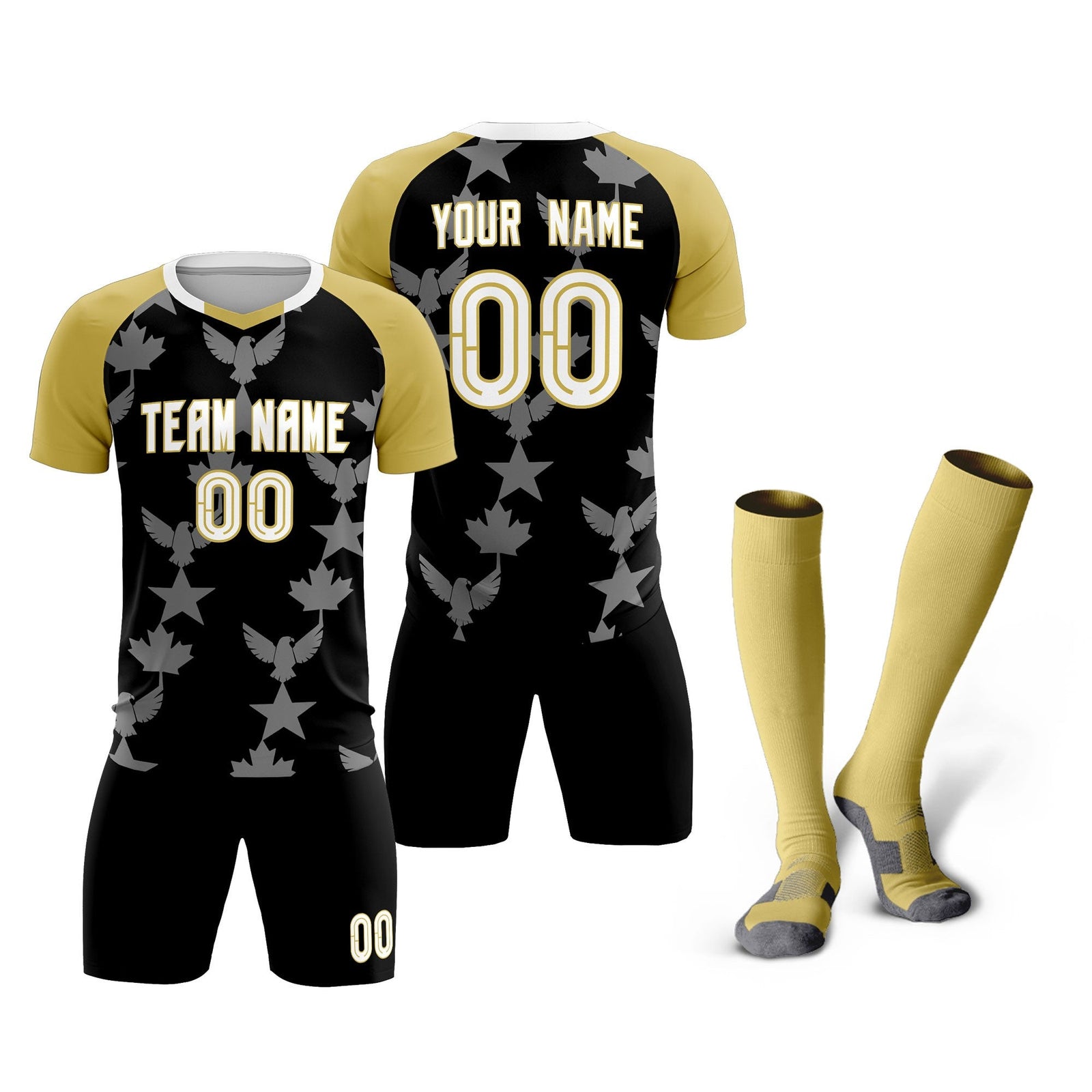 Custom Old Gold Black World Cup Inspired Breathable&Quick-Drying Training Uniform Raglan Sleeve Soccer Sets Jersey