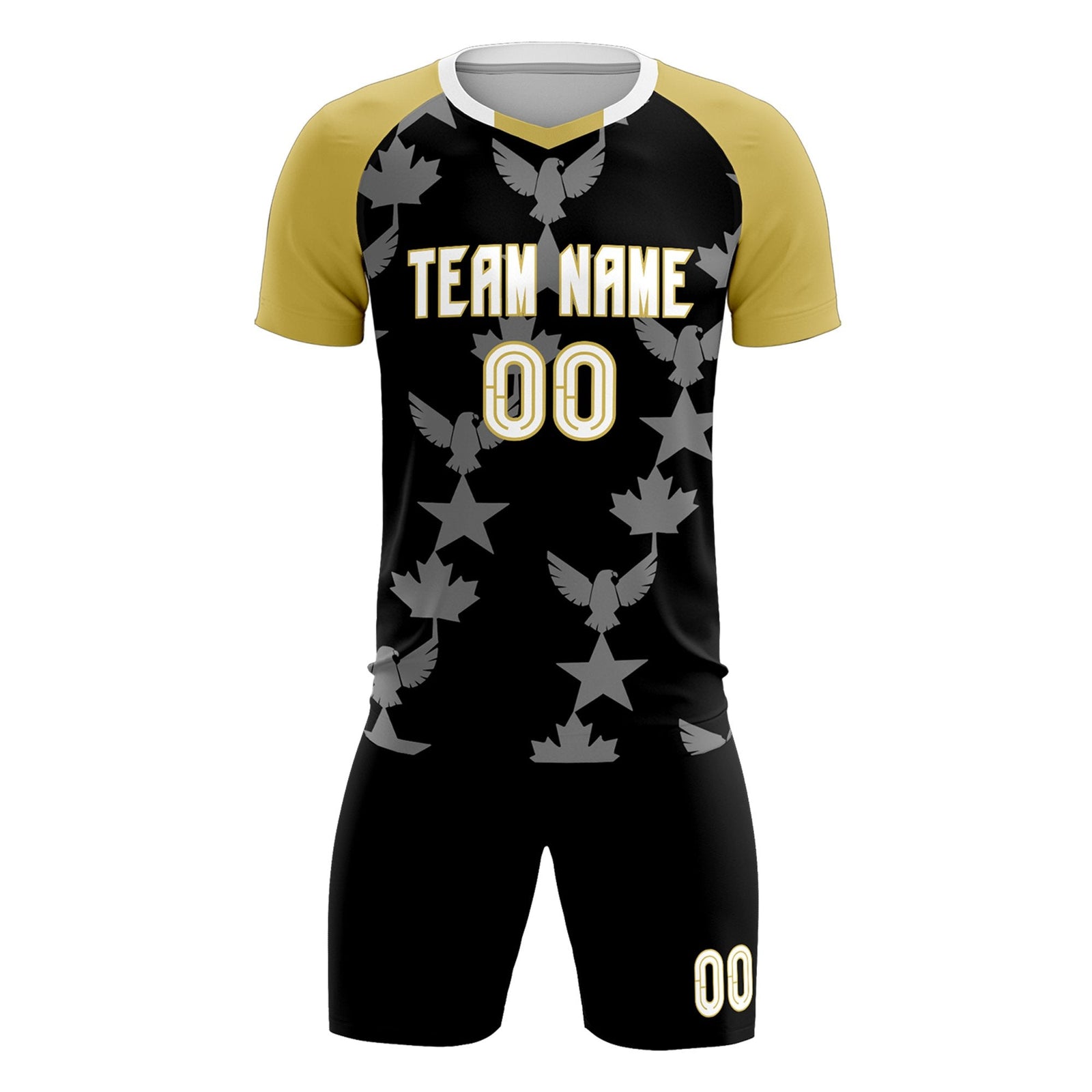 Custom Old Gold Black World Cup Inspired Breathable&Quick-Drying Training Uniform Raglan Sleeve Soccer Sets Jersey