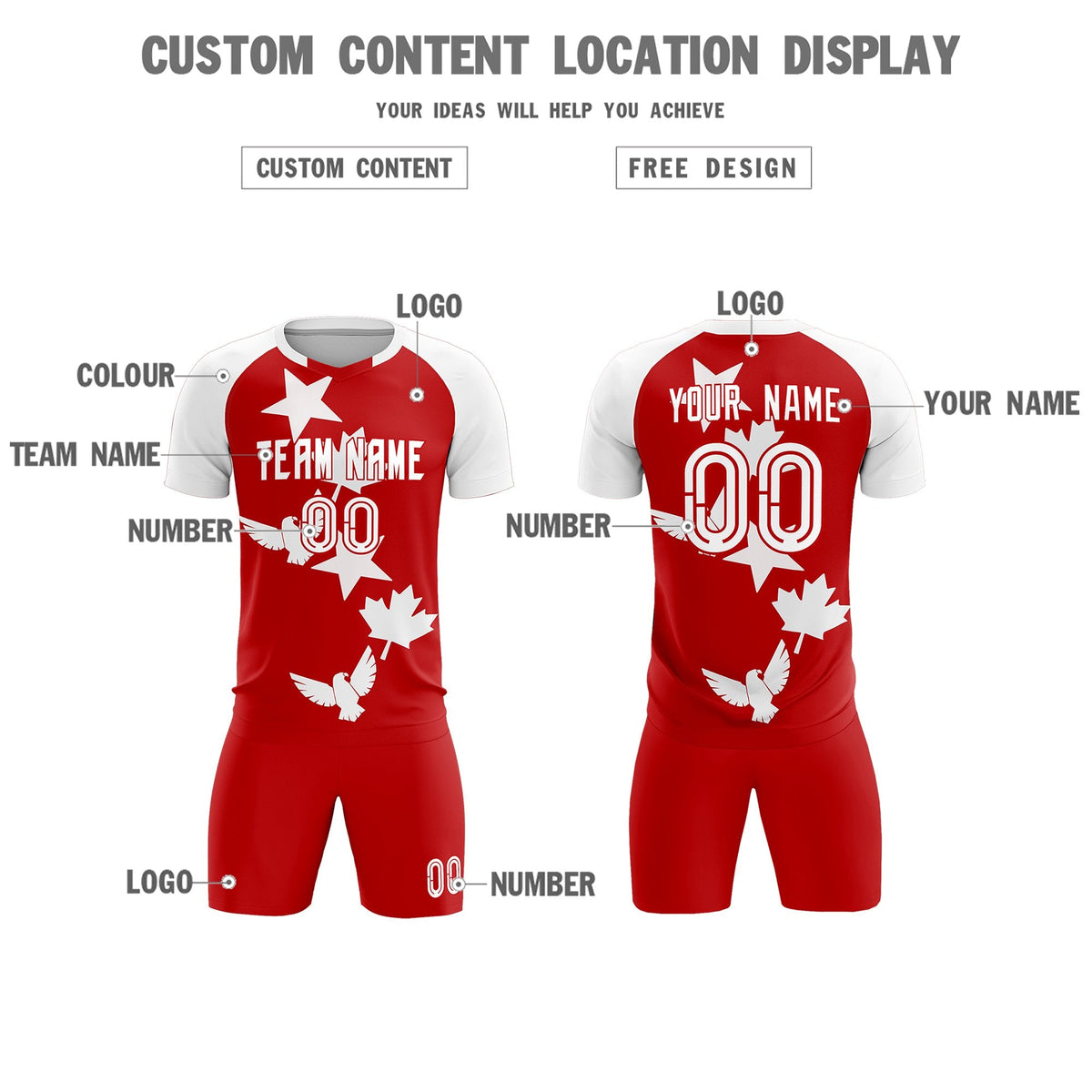 Custom White Red World Cup Inspired Lightweight&amp;Drapable Training Uniform Raglan Sleeve Soccer Sets Jersey
