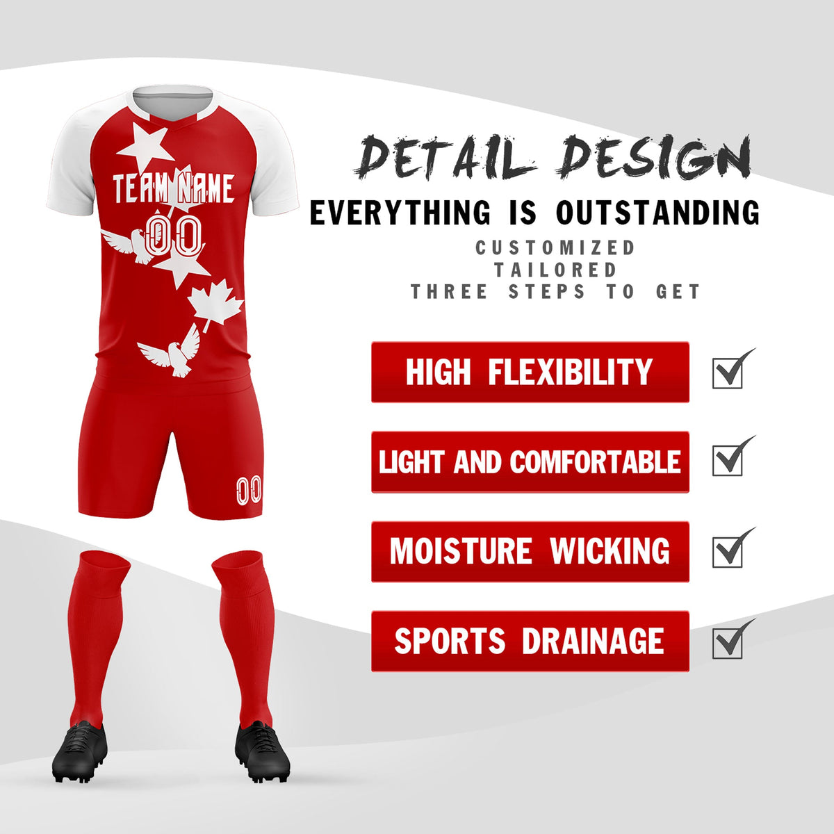 Custom White Red World Cup Inspired Lightweight&amp;Drapable Training Uniform Raglan Sleeve Soccer Sets Jersey