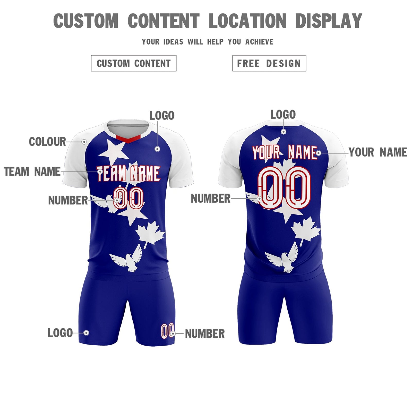 Custom White Royal World Cup Inspired Breathable&Quick-Drying Training Uniform Raglan Sleeve Soccer Sets Jersey