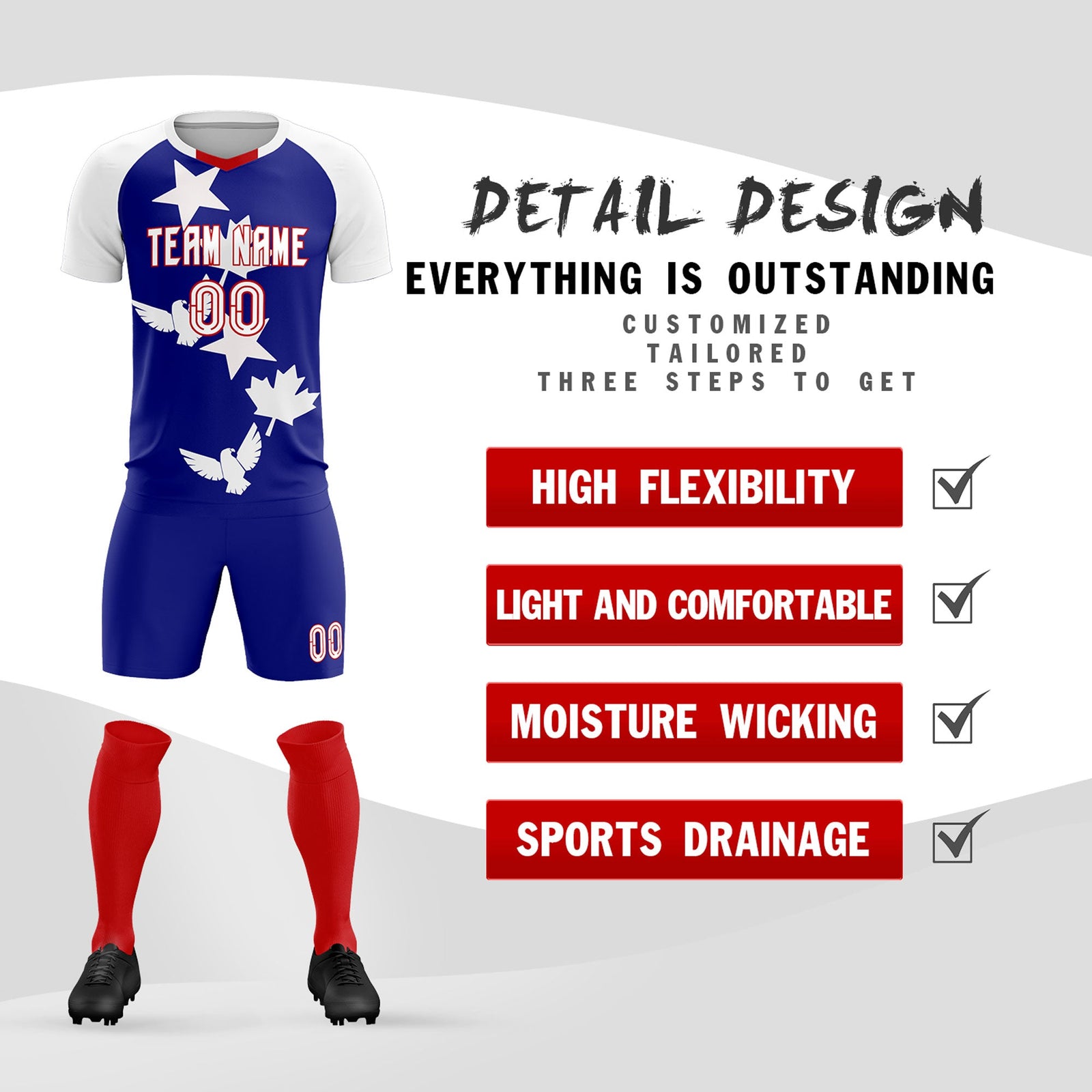 Custom White Royal World Cup Inspired Breathable&Quick-Drying Training Uniform Raglan Sleeve Soccer Sets Jersey