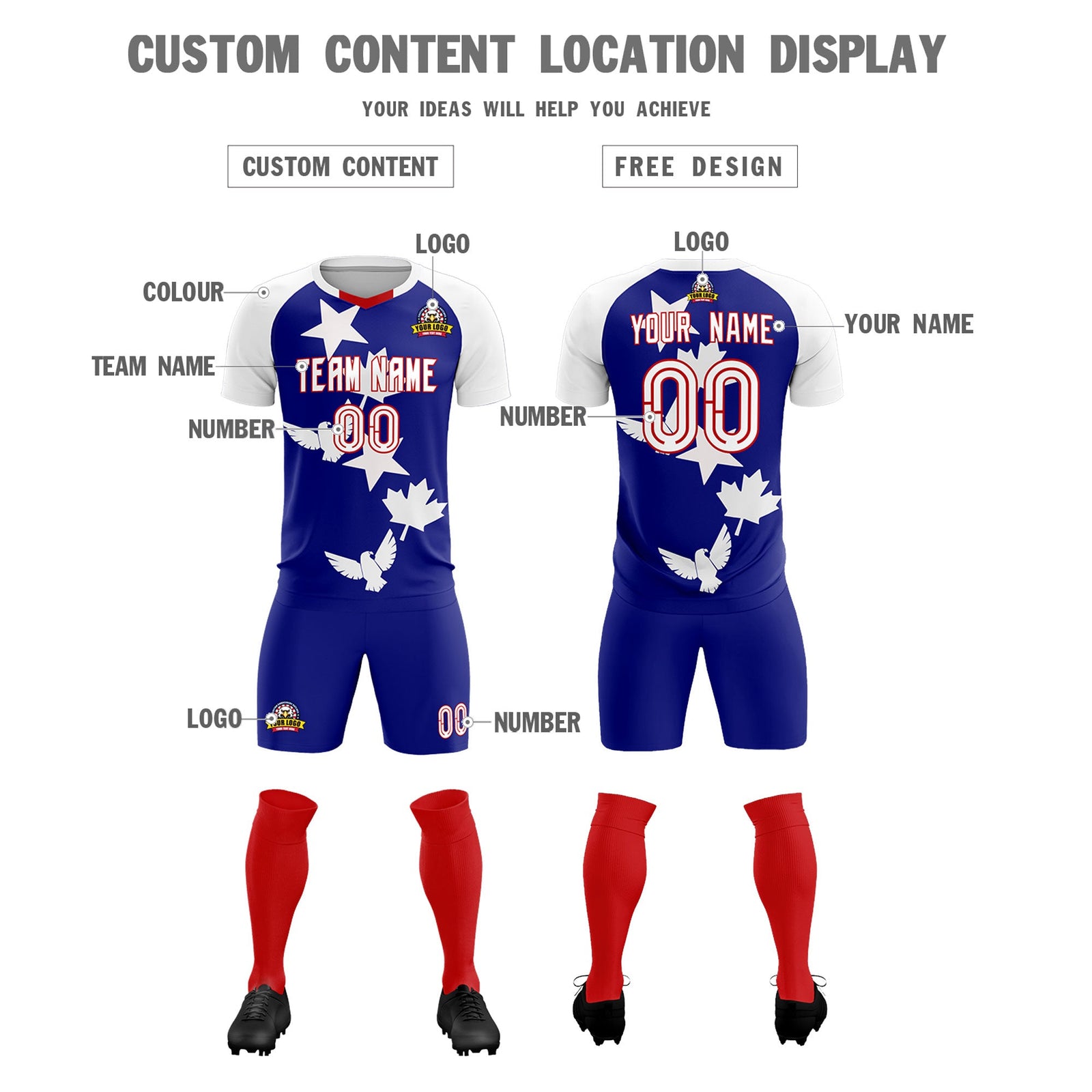 Custom White Royal World Cup Inspired Breathable&Quick-Drying Training Uniform Raglan Sleeve Soccer Sets Jersey