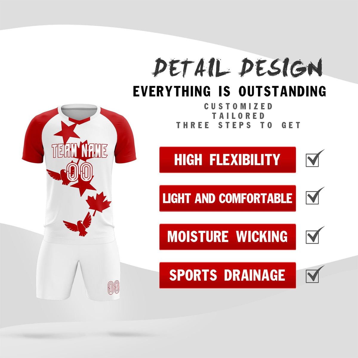 Custom Red White World Cup Inspired Lightweight&amp;Drapable Training Uniform Raglan Sleeve Soccer Sets Jersey