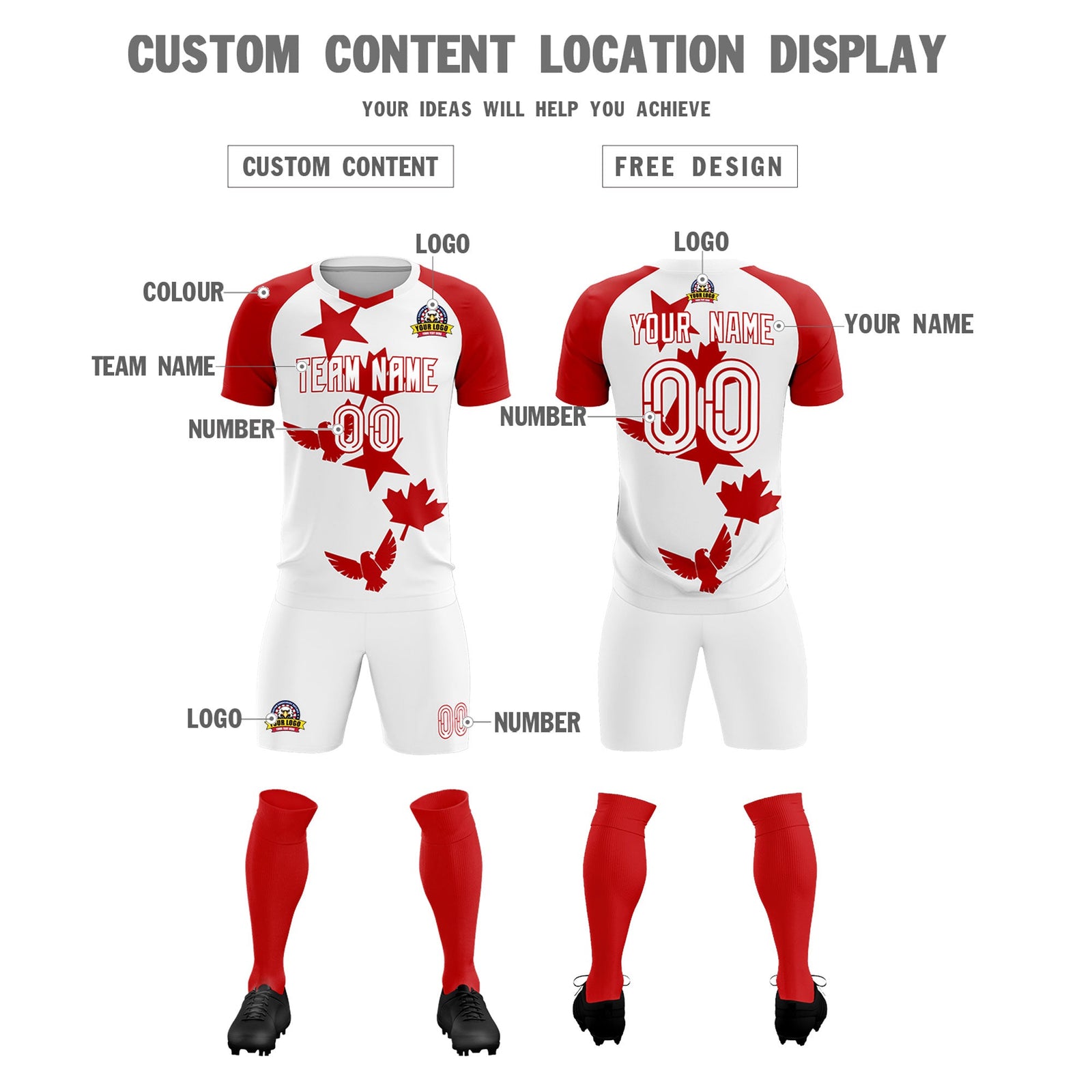 Custom Red White World Cup Inspired Lightweight&Drapable Training Uniform Raglan Sleeve Soccer Sets Jersey