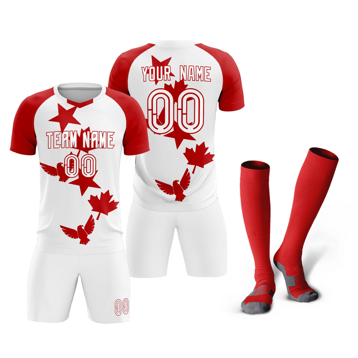 Custom Red White World Cup Inspired Lightweight&amp;Drapable Training Uniform Raglan Sleeve Soccer Sets Jersey